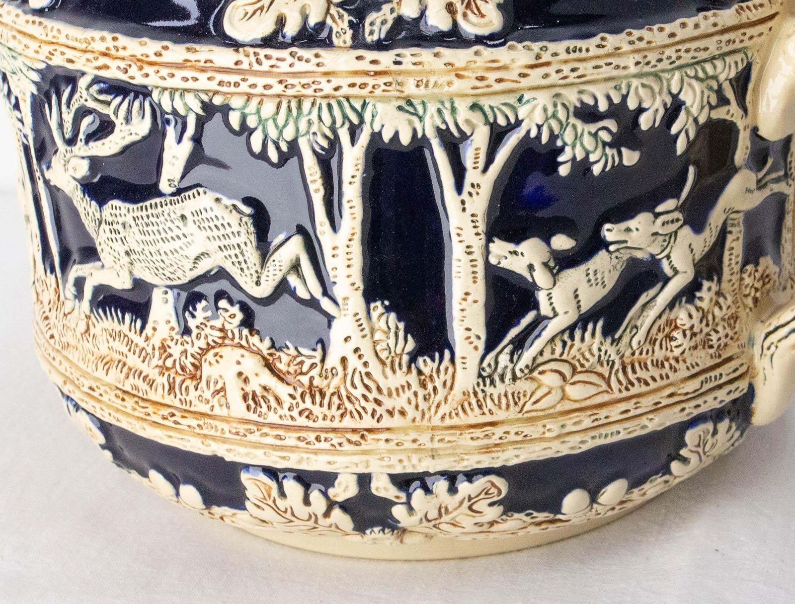 546.0 German Scharzwald Art Nouveau Stoneware Centerpiece Hunt Scenes, Circa 1900 photo