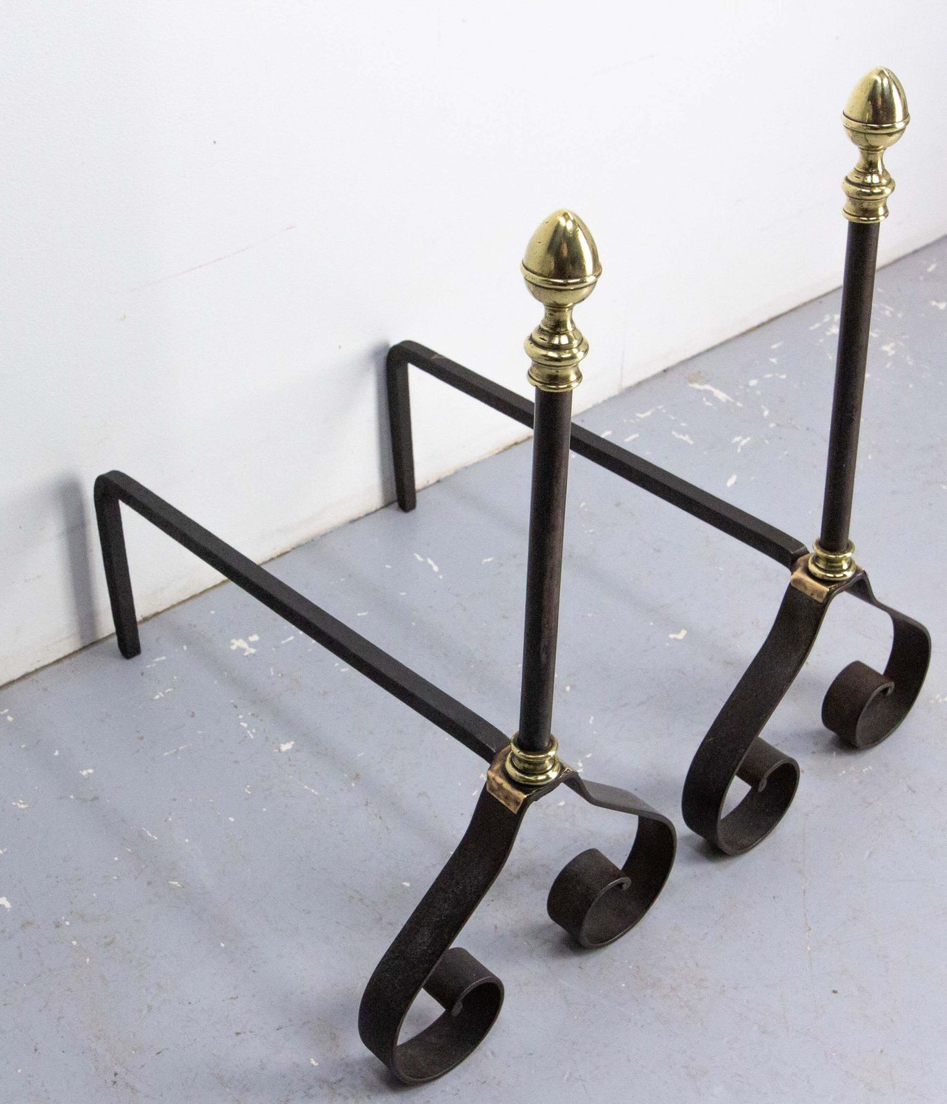 Pair Fireplace Andirons Wrought Iron & Brass Firedogs, France, C 1960 photo 1299.0