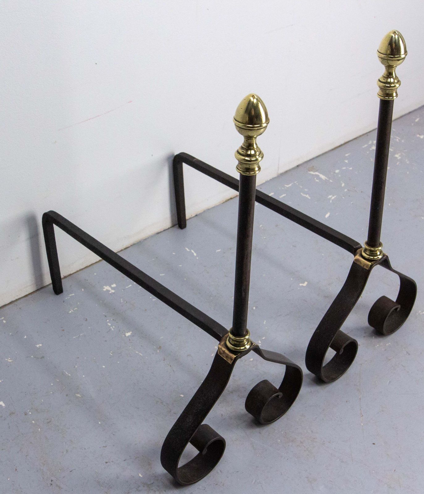 Pair Fireplace Andirons Wrought Iron & Brass Firedogs, France, C 1960 photo vinterior