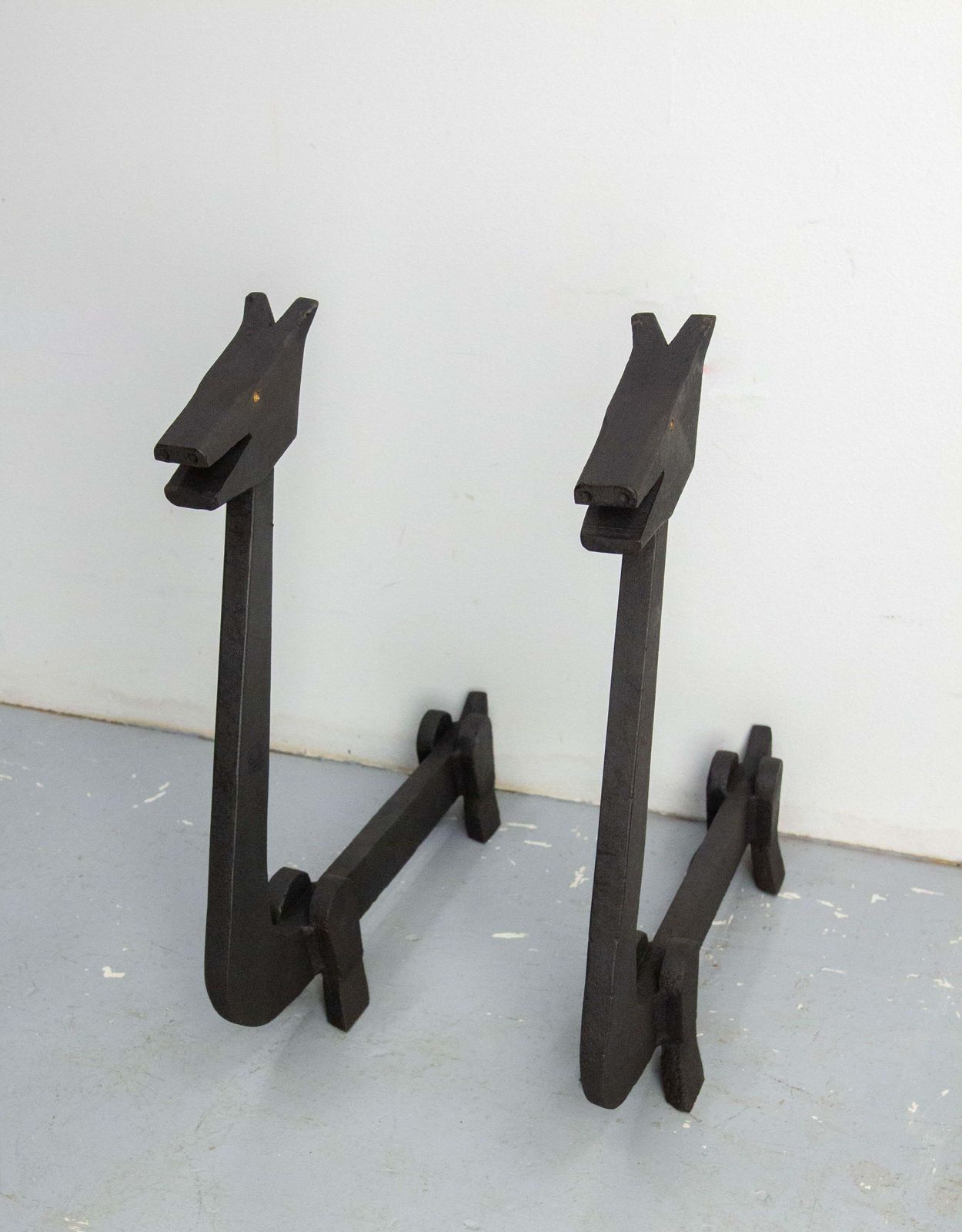 Pair Fireplace Andirons Wrought Iron Firedogs Mythical Creatures, France, C 1960 photo vinterior