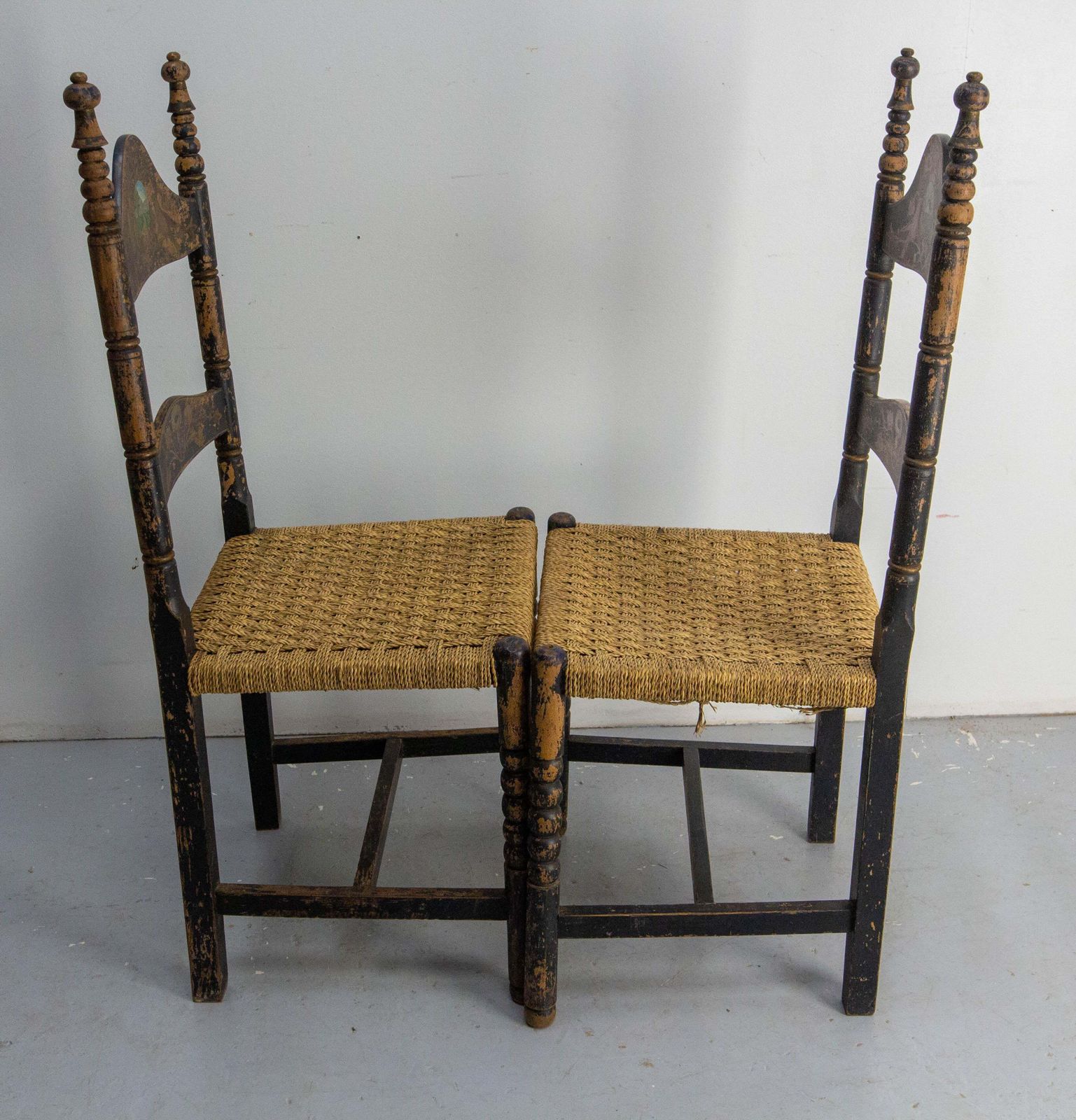 Two French Hand Painted Side Chairs Rush Seats Country Style, 19th Century photo Furniture