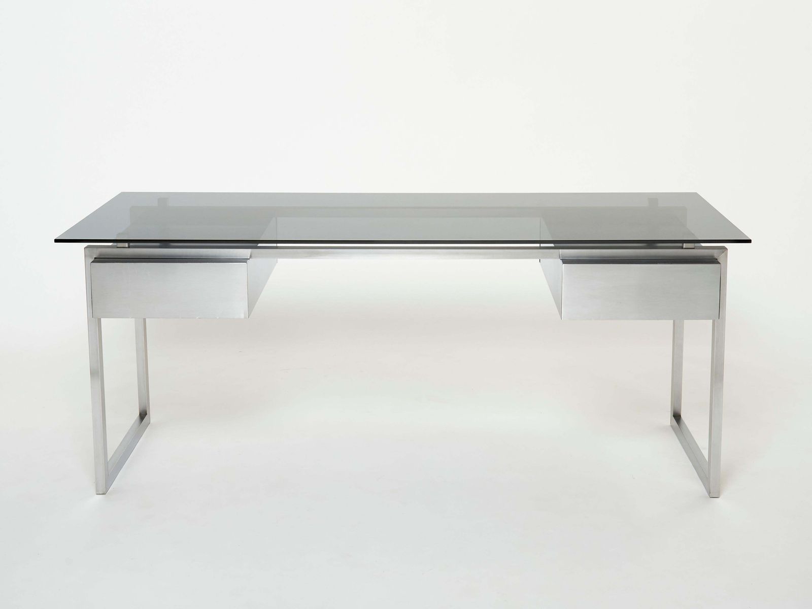 photo furniture Table bureau Patrice Maffei pour Kappa en acier brossé et verre fumé, années 1970