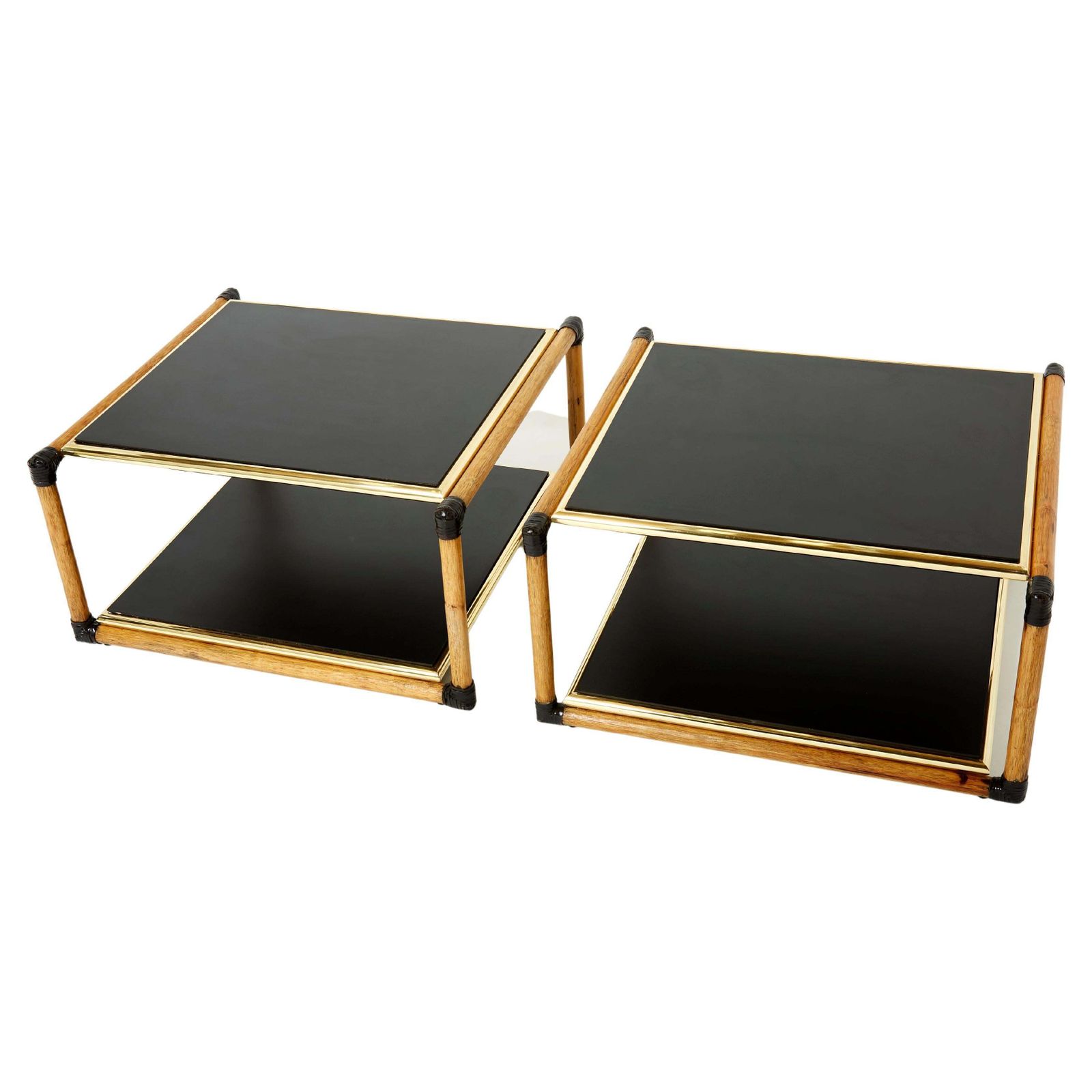 Tables d'appoint Alberto Smania en bambou, laiton et bois noir, Italie, années 1970