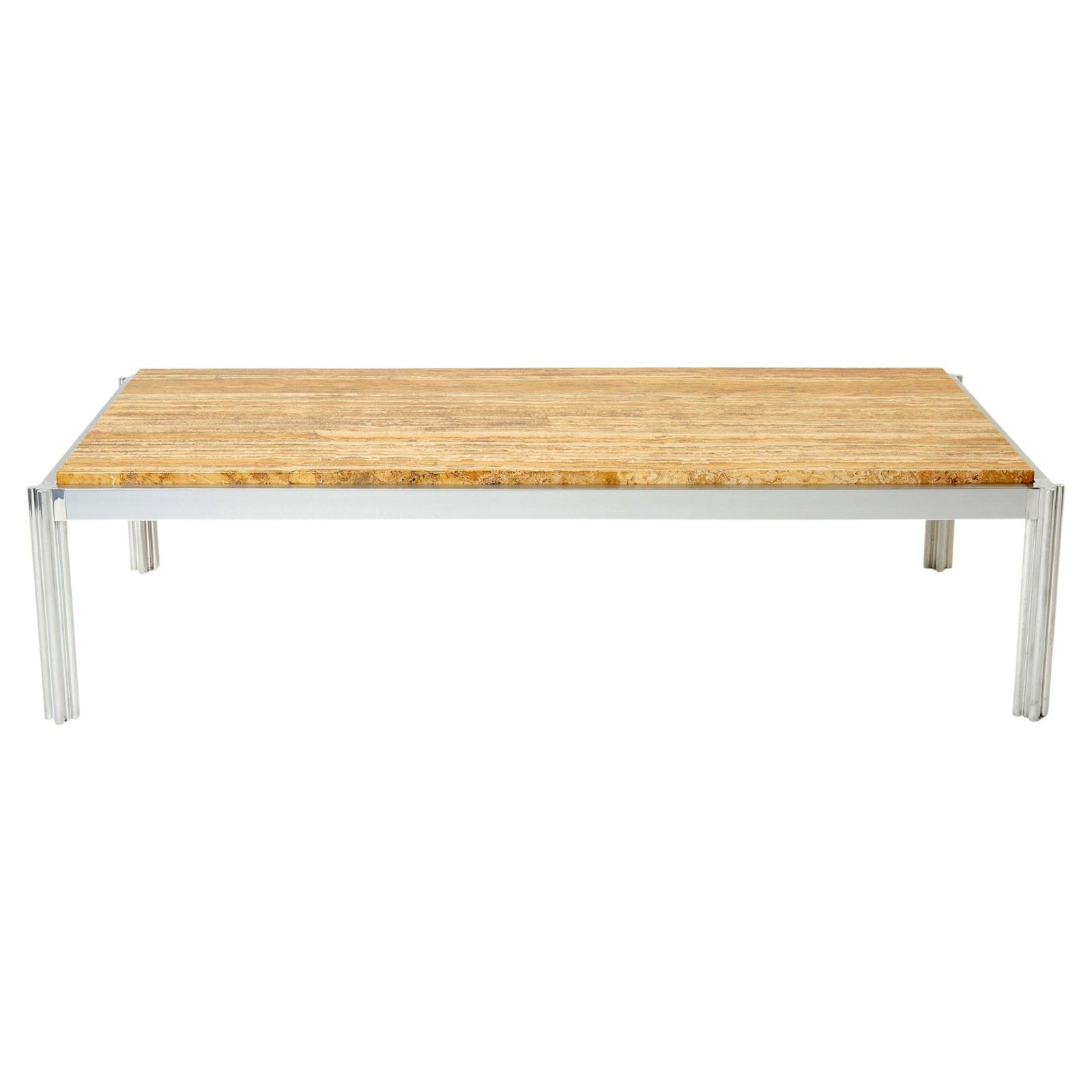 Table basse en travertin jaune, chrome et aluminium George Ciancimino, 1975