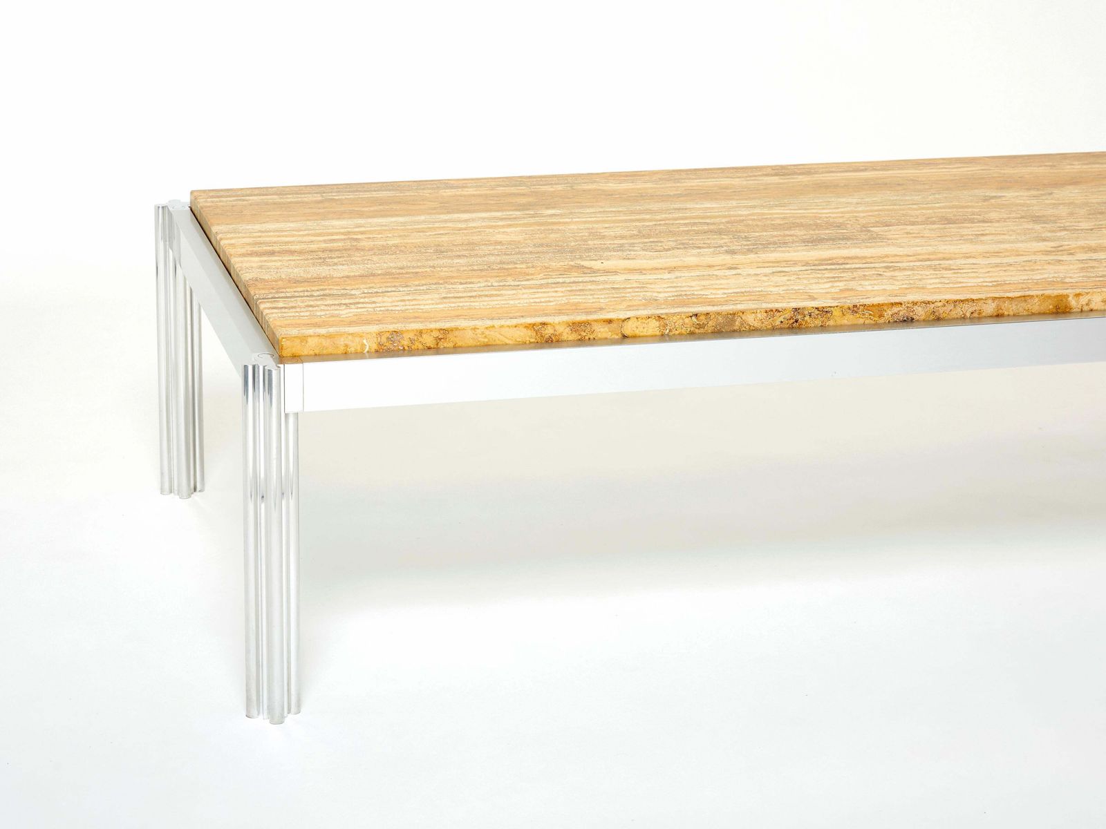photo for sale Table basse en travertin jaune, chrome et aluminium George Ciancimino, 1975