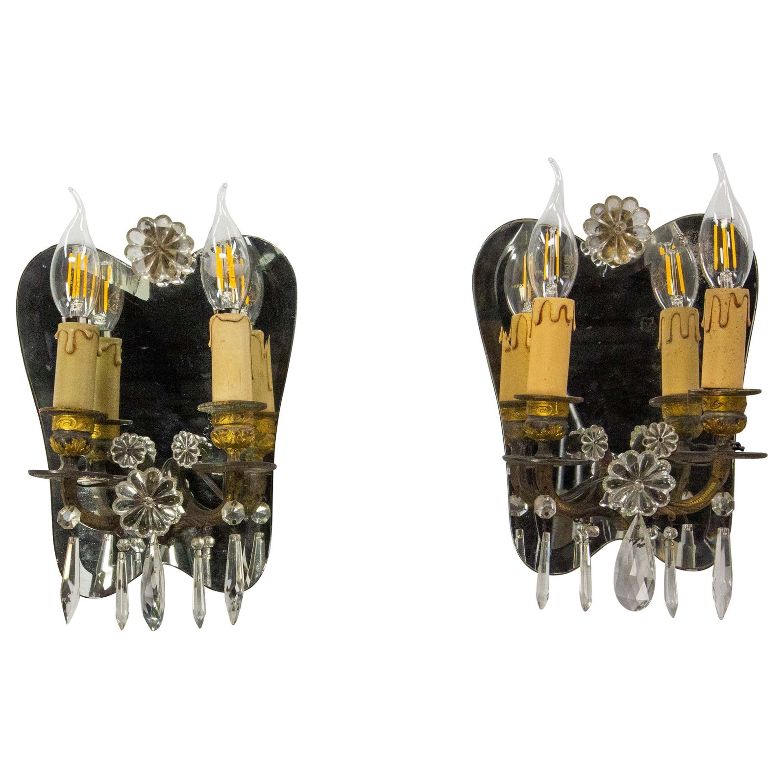 Pair Of Bronze & Mirror Double Sconces From Louis XV Style Circa 1960
