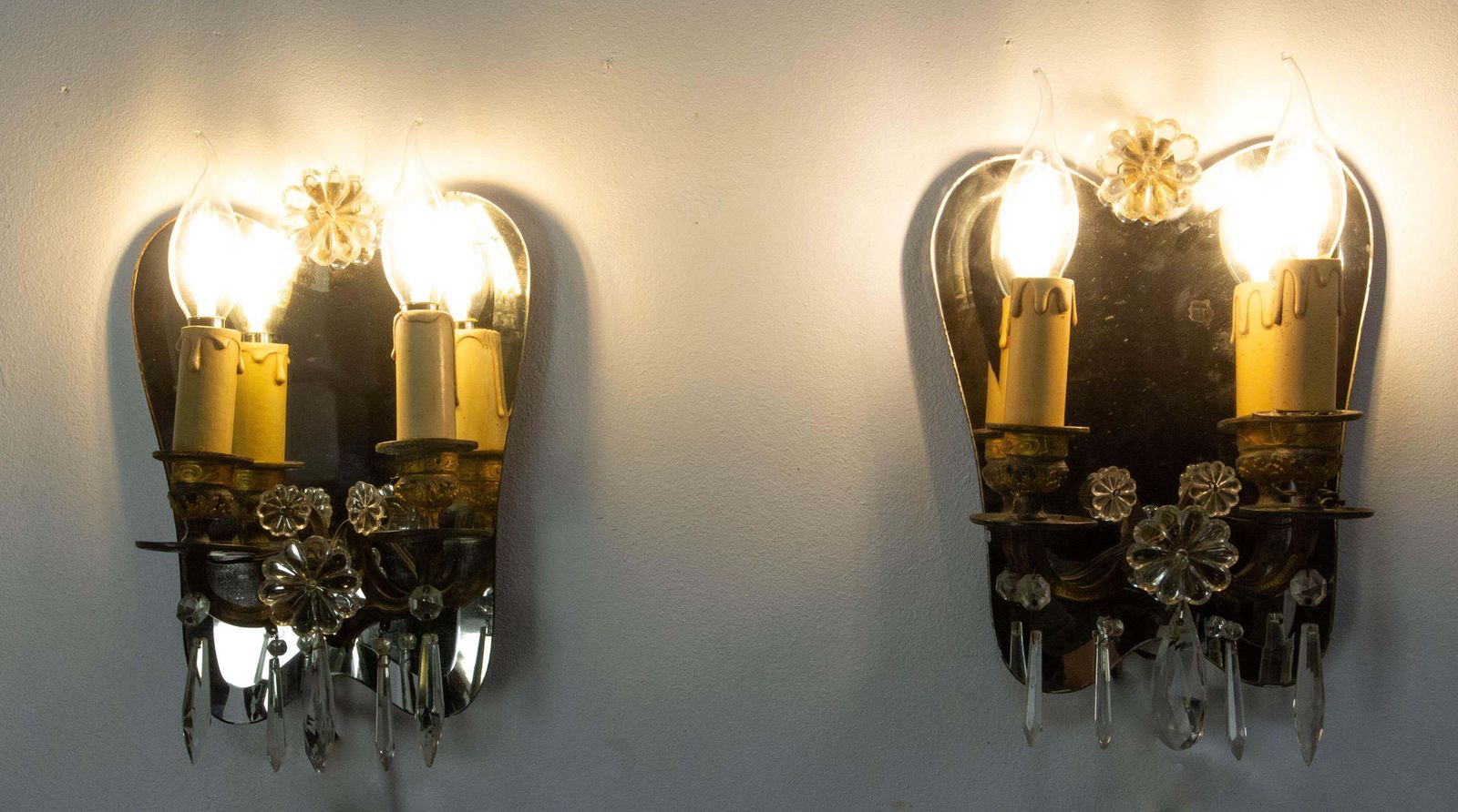 Pair Of Bronze & Mirror Double Sconces From Louis XV Style Circa 1960 photo for sale