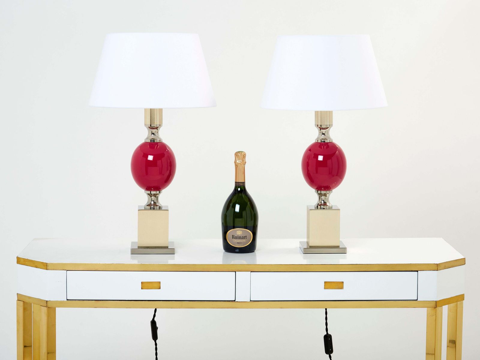 Pair Of French Enameled Brass Chrome Table Lamps Philippe Barbier 1970s photo 6584.0