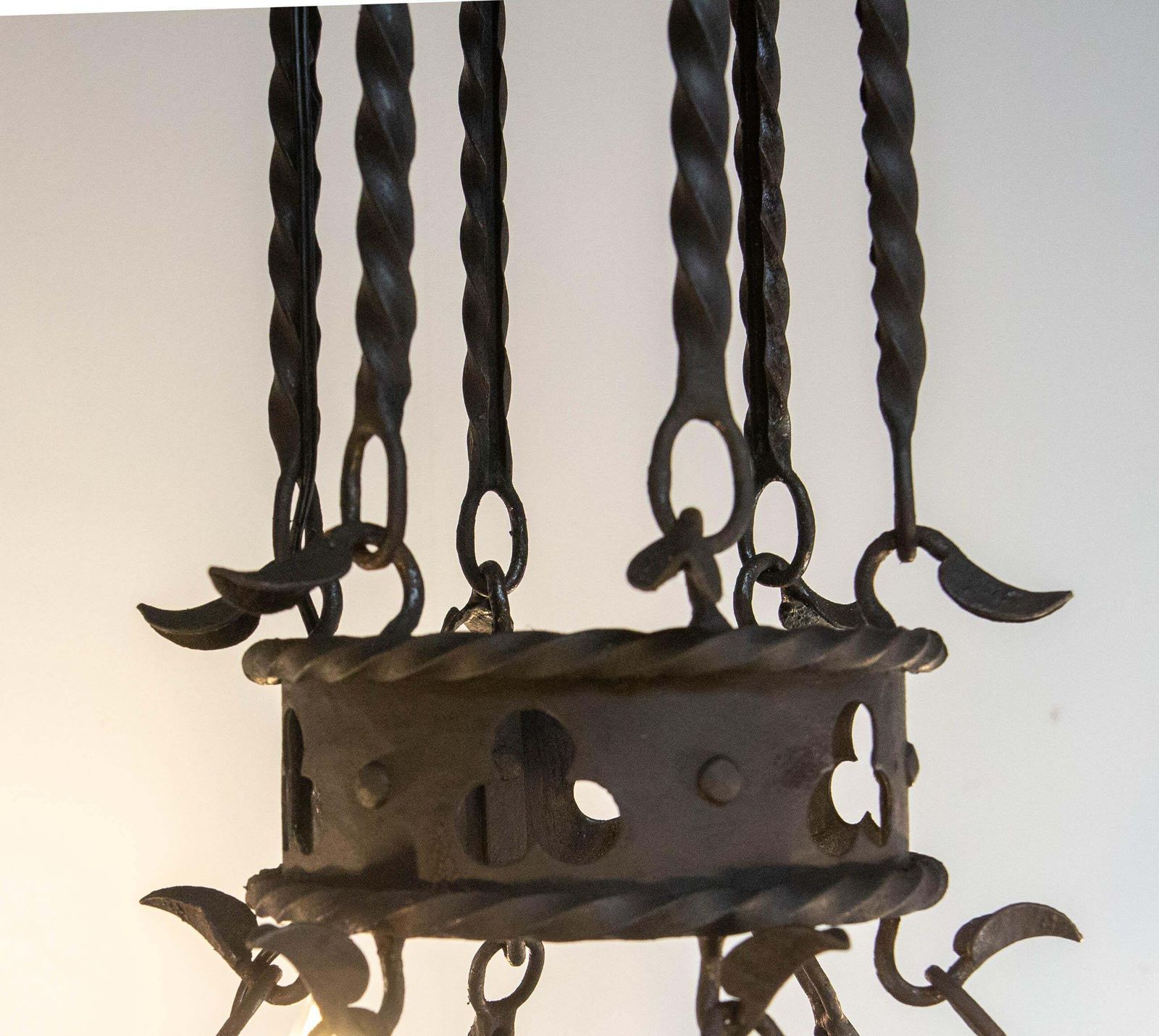 French Gloves & Crests Chandelier Ceiling Pendant Lustre Wrought Iron C 1900 photo vintage
