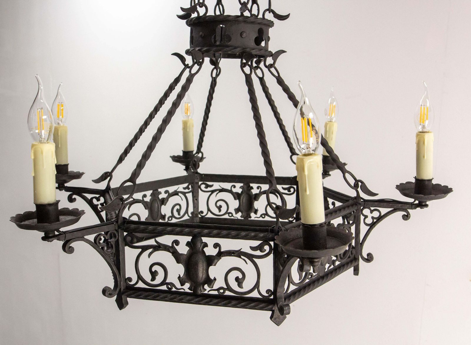 Lighting French Gloves & Crests Chandelier Ceiling Pendant Lustre Wrought Iron C 1900 photo