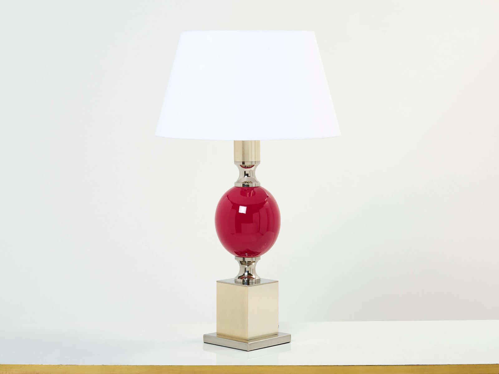Pair Of French Enameled Brass Chrome Table Lamps Philippe Barbier 1970s photo buy