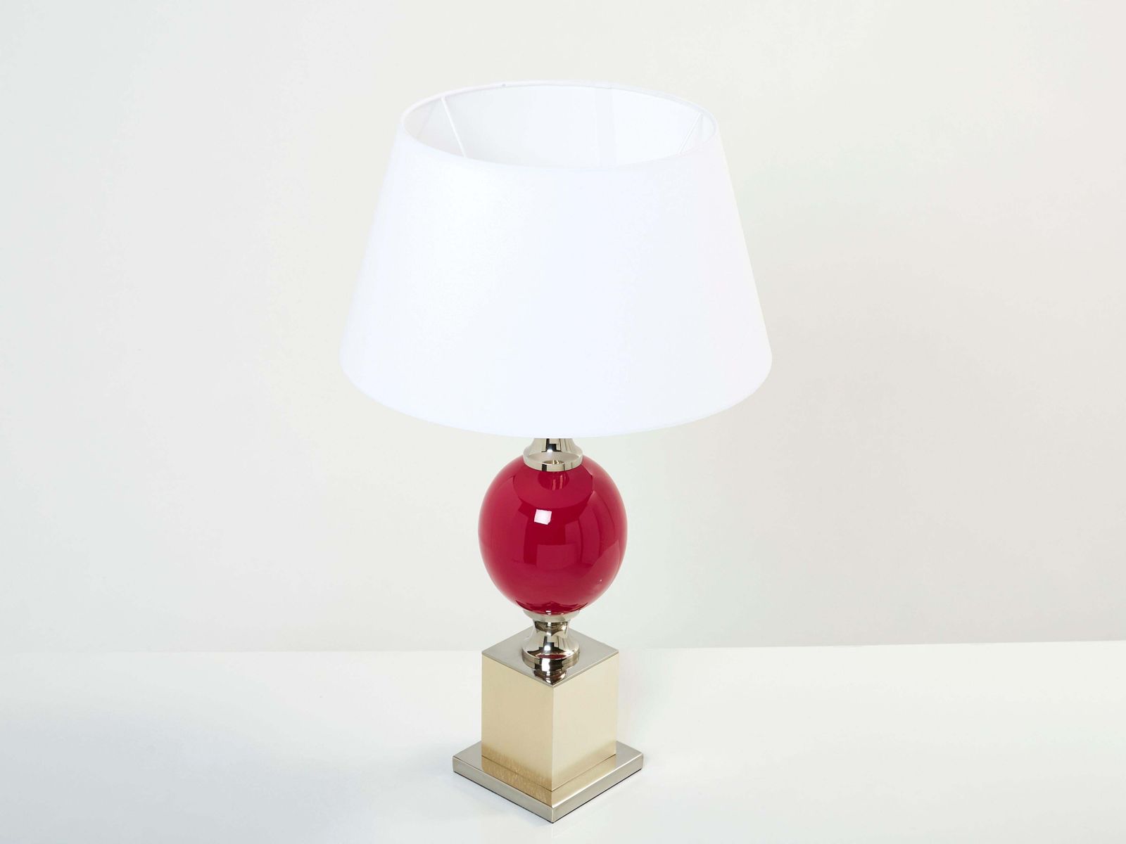 Pair Of French Enameled Brass Chrome Table Lamps Philippe Barbier 1970s photo vintage