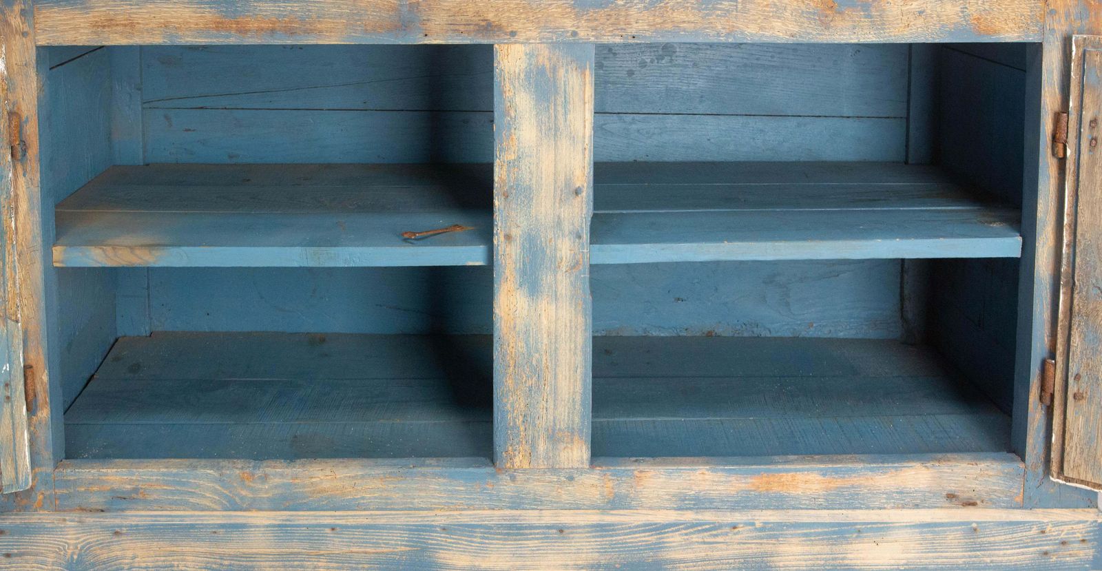 Furniture French Antique Oak & Iron Low Buffet Blue & White Patinated 18th Century photo
