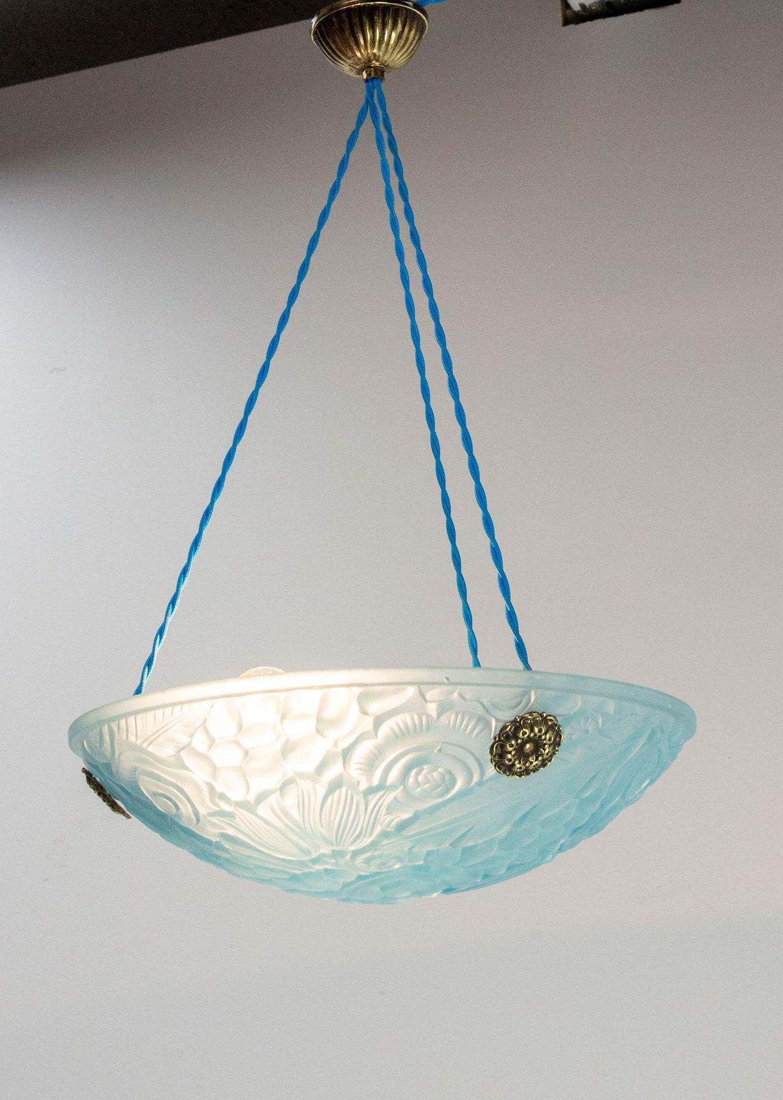 French Art Deco Lustre Blue Glass Ceiling Pendant Chandelier, Circa 1930 photo Lighting