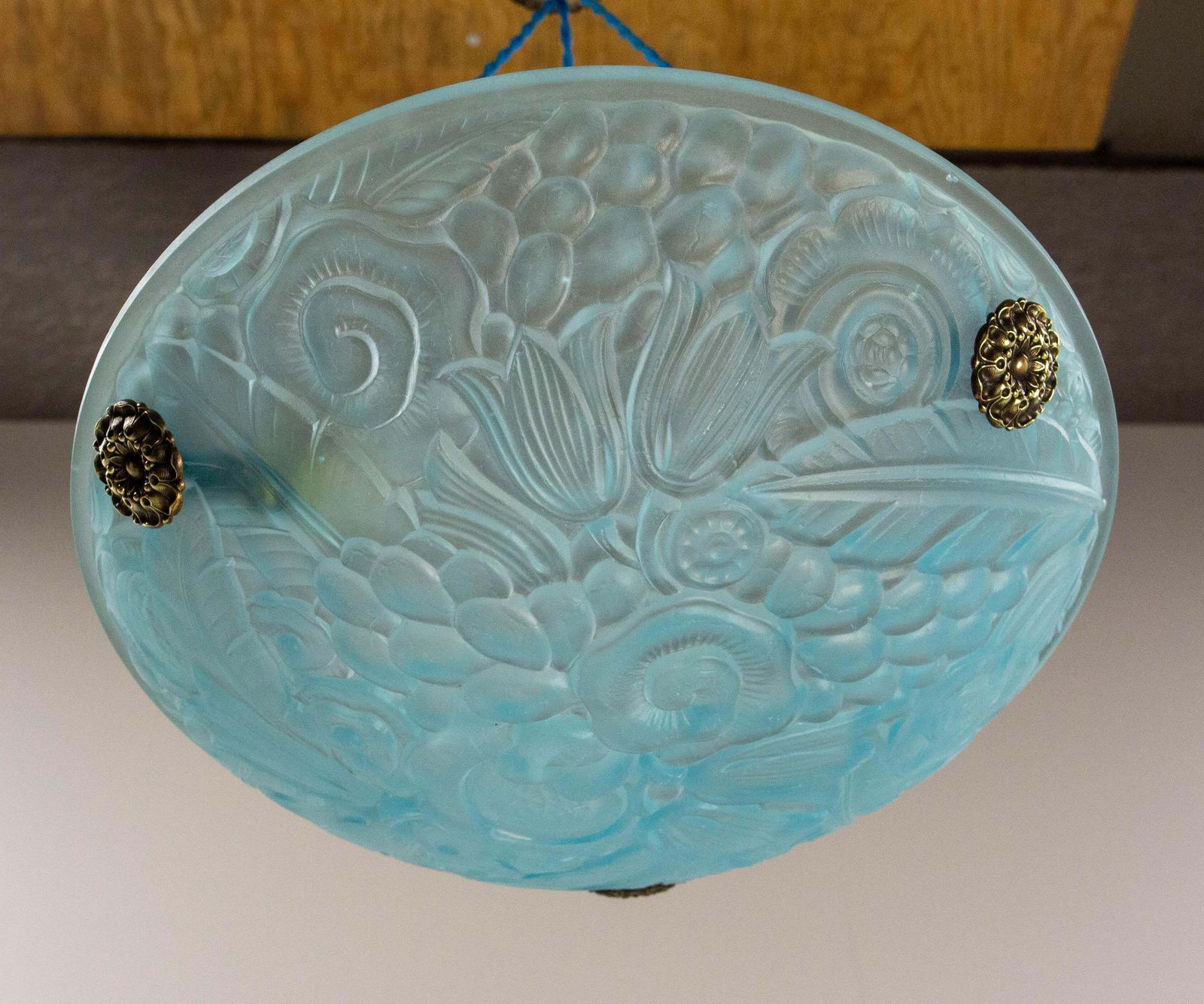 French Art Deco Lustre Blue Glass Ceiling Pendant Chandelier, Circa 1930 photo 1031.0