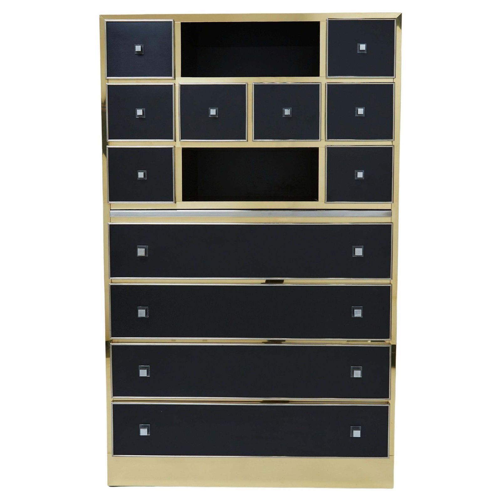 Cabinet secrétaire Michel Pigneres en laiton, chrome et laque noire, années 1970