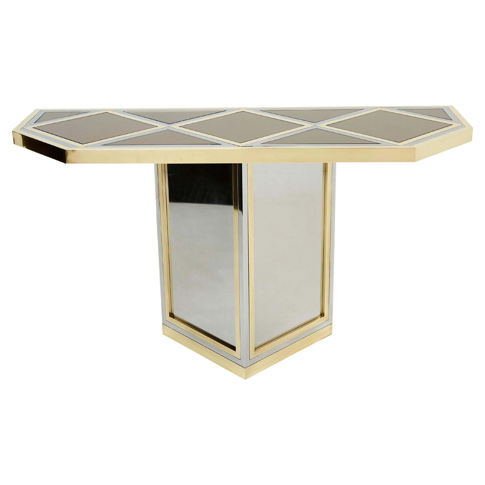 Console en laiton, chrome et acier, plateau en miroir, par Romeo Rega, années 1970