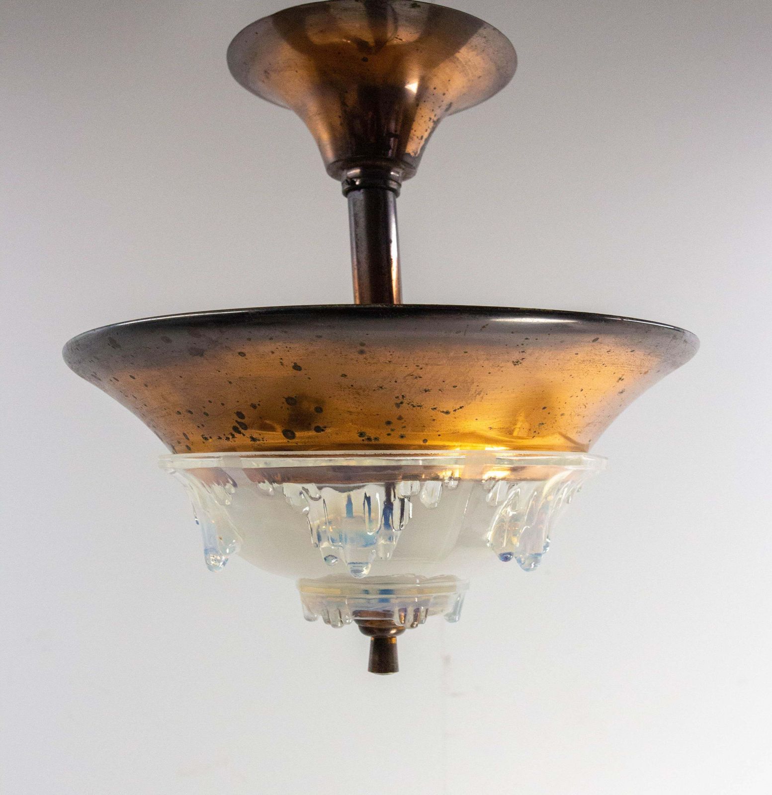 French Art Deco Chandelier Ezan Molded Glass & Copper Ceiling Pendant, C 1930 photo furniture