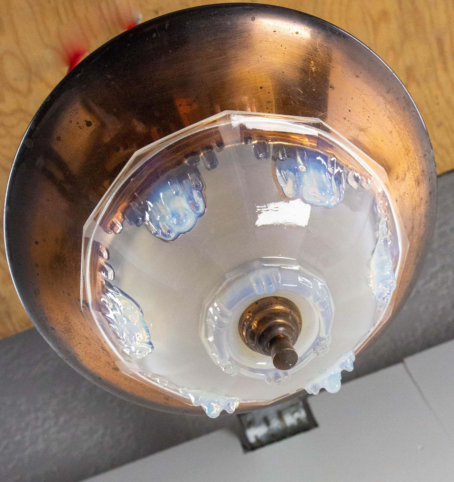 French Art Deco Chandelier Ezan Molded Glass & Copper Ceiling Pendant, C 1930 photo vinterior