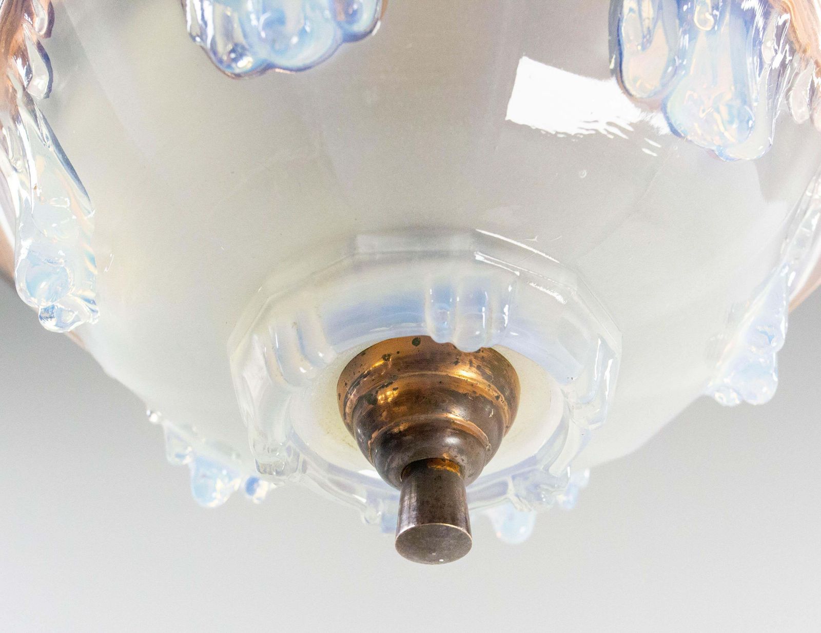 French Art Deco Chandelier Ezan Molded Glass & Copper Ceiling Pendant, C 1930 photo vintage