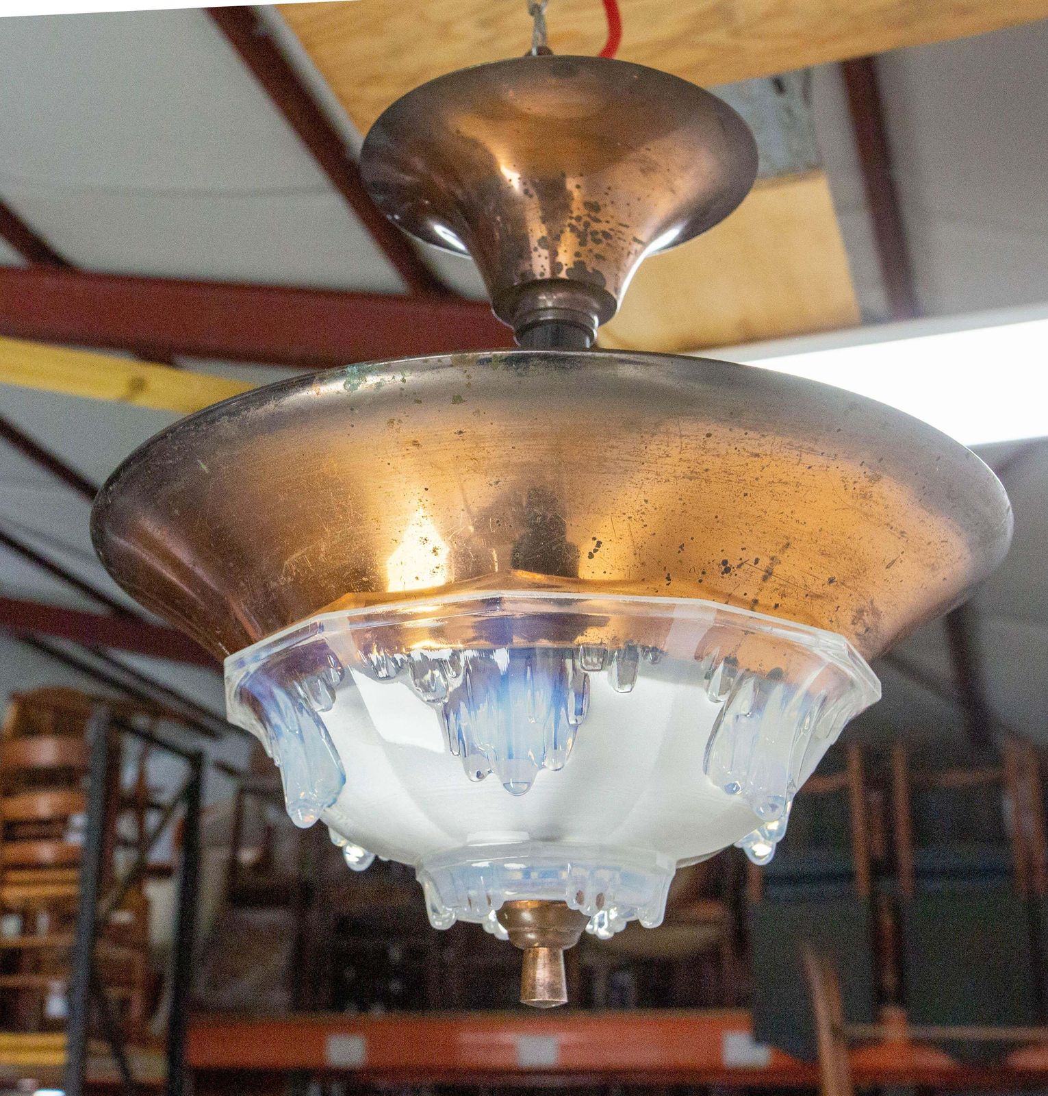 photo furniture French Art Deco Chandelier Ezan Molded Glass & Copper Ceiling Pendant, C 1930