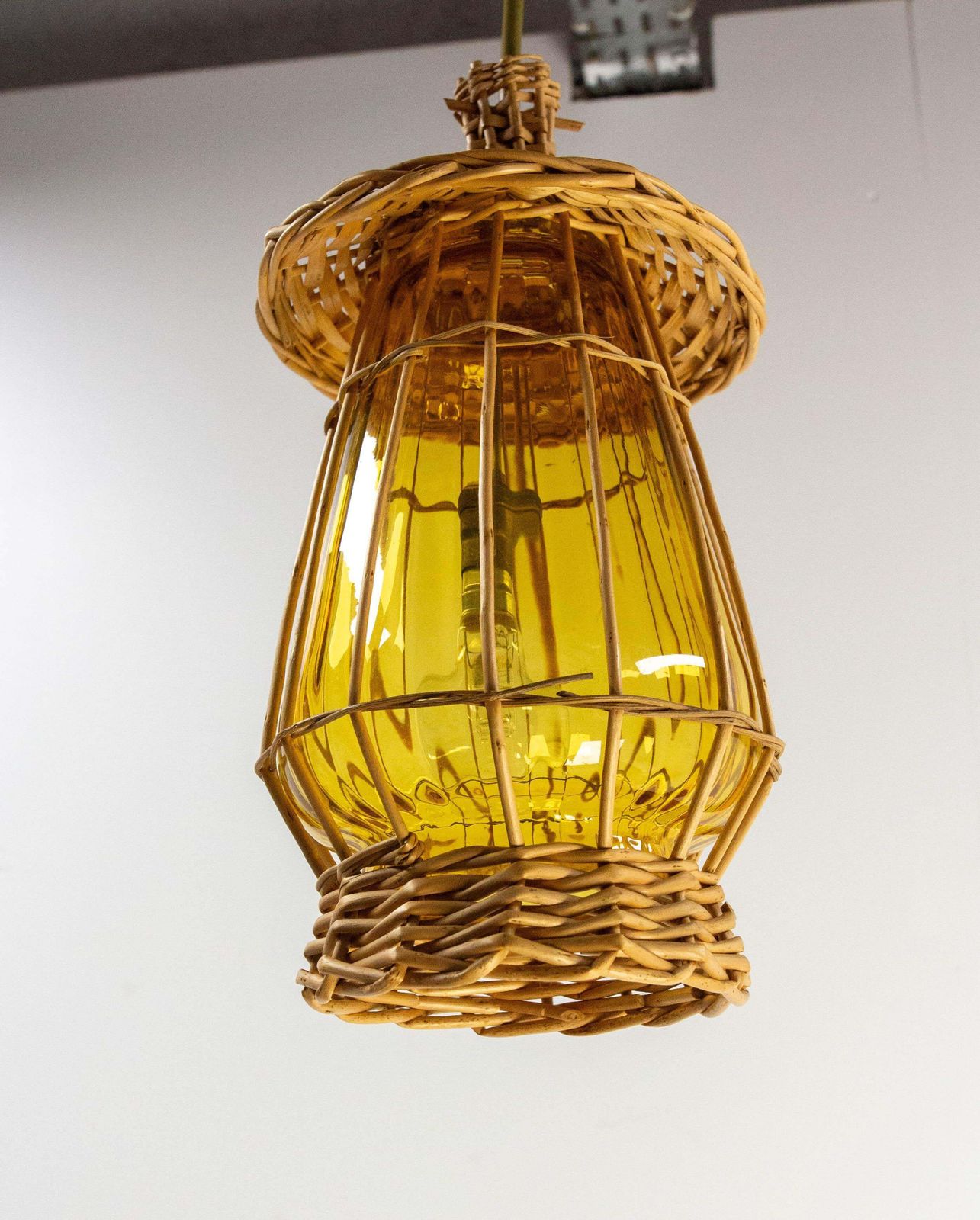 French Ceiling Pendant Yellow Glass & Wicker Chandelier, Lanterne Style, C 1970 photo vinterior