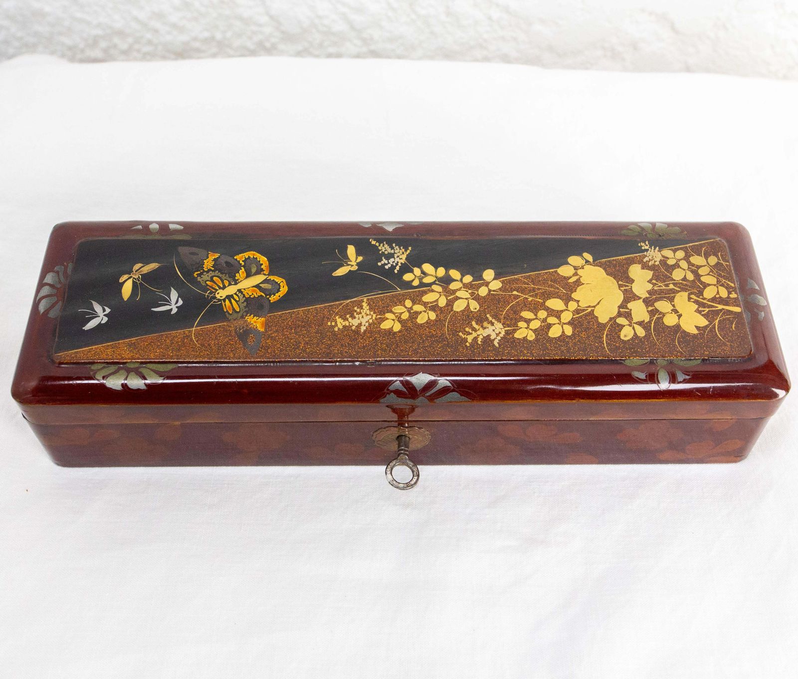 Chinese Style Lacquered Brush Or Pencil Box Painted Butterfly, Circa 1940 photo for sale
