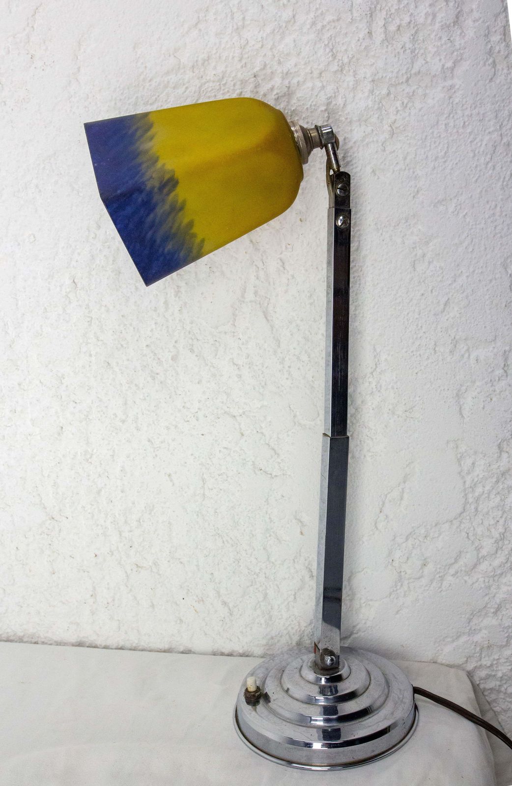 Art Deco Chrome Blue & Yellow Painted Glass Table Lamp, French, Circa 1930 photo for sale