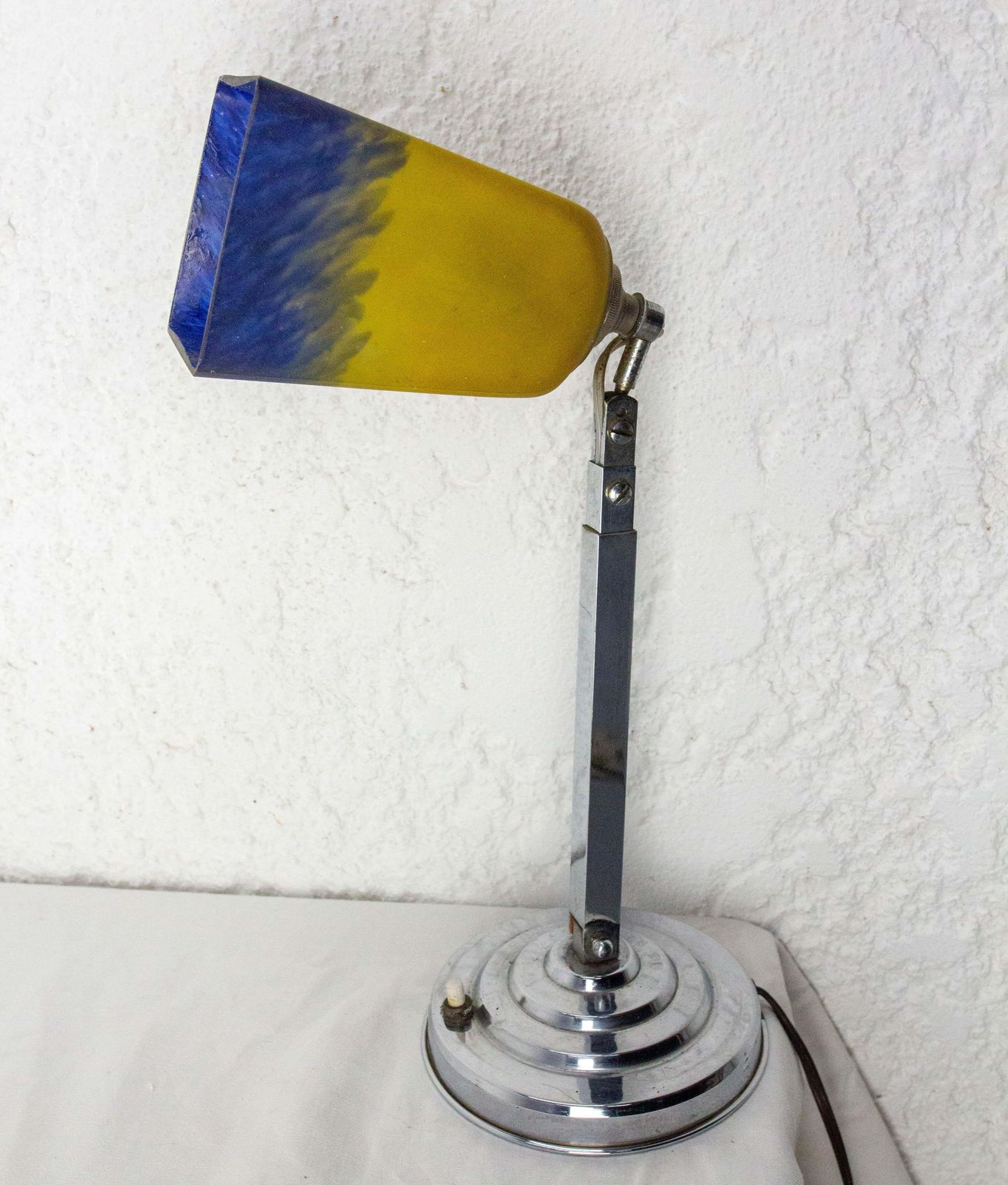 Art Deco Chrome Blue & Yellow Painted Glass Table Lamp, French, Circa 1930 photo 407.0