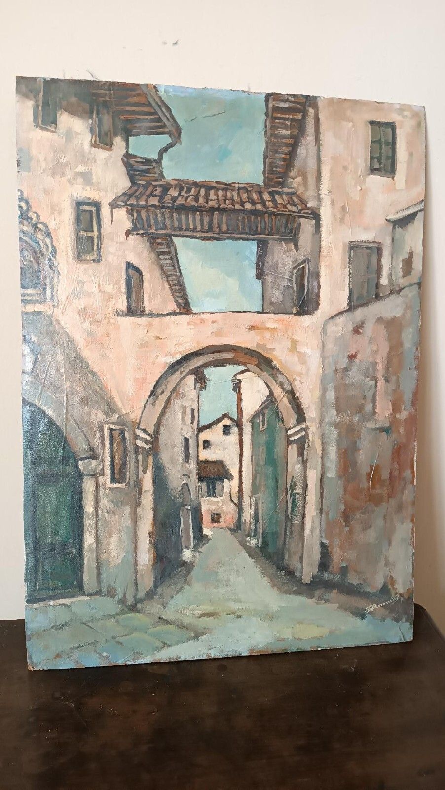 Painting View Of The Village Oil On Cardboard 1950s photo Art