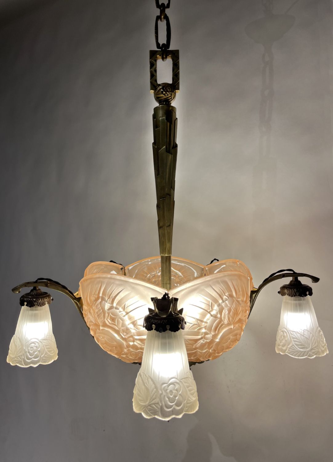 1930s French Art Deco Brass Glass Chandelier Hettier & Vincent Freres Hanots photo buy