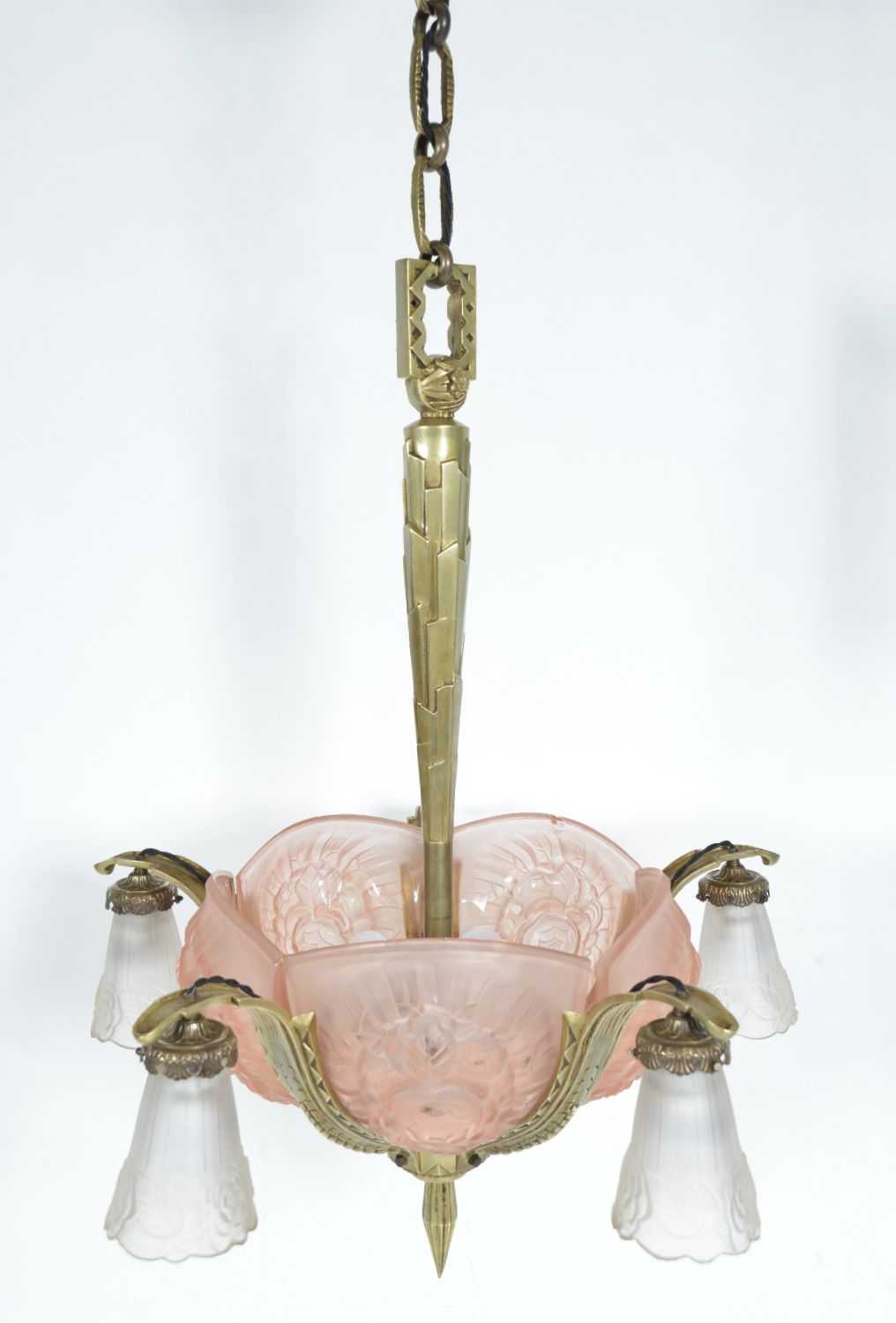1930s French Art Deco Brass Glass Chandelier Hettier & Vincent Freres Hanots photo 5995.0