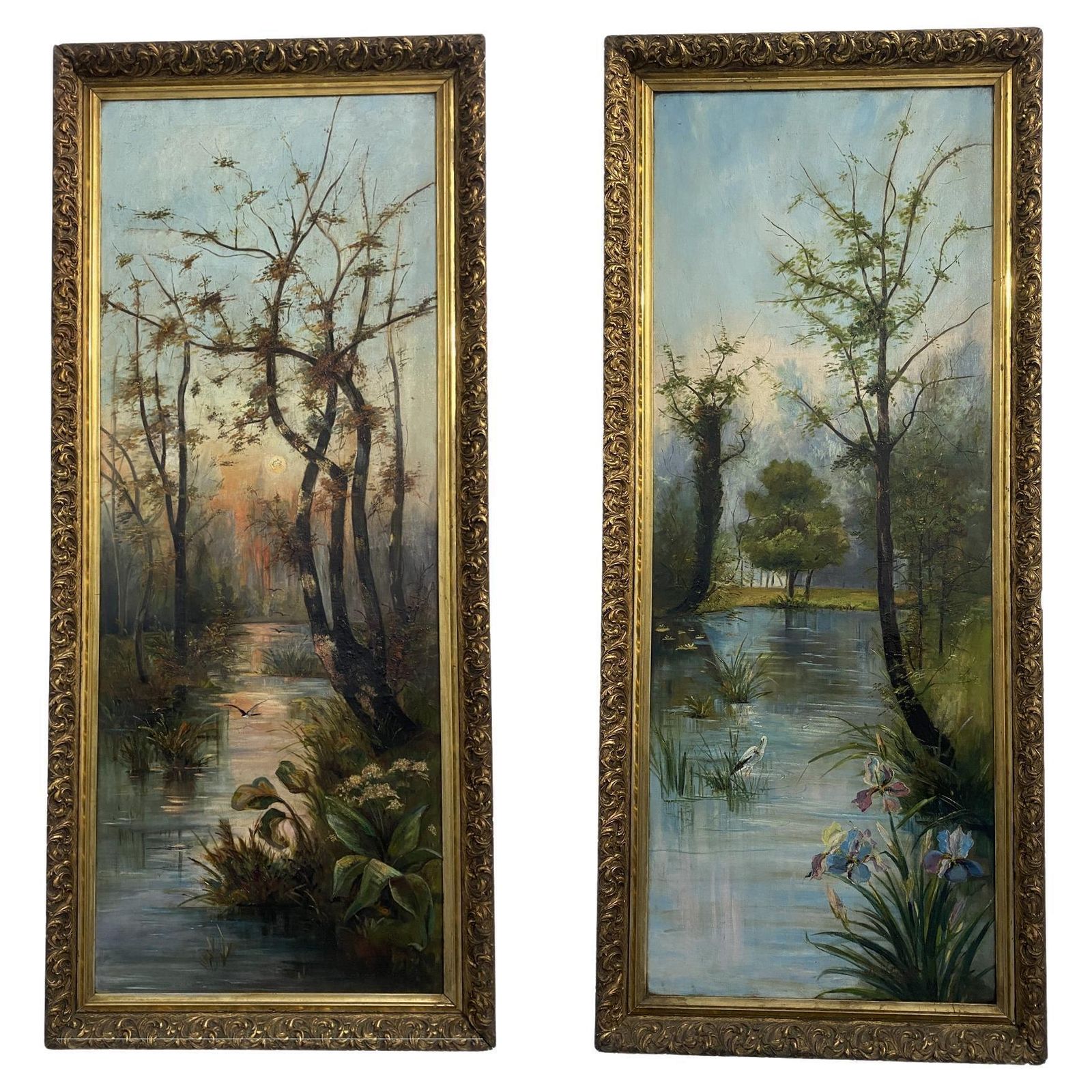 Antica Coppia Di Dipinti A Olio "Paesaggio"Firmati , Germania, Jugendstil, 1901