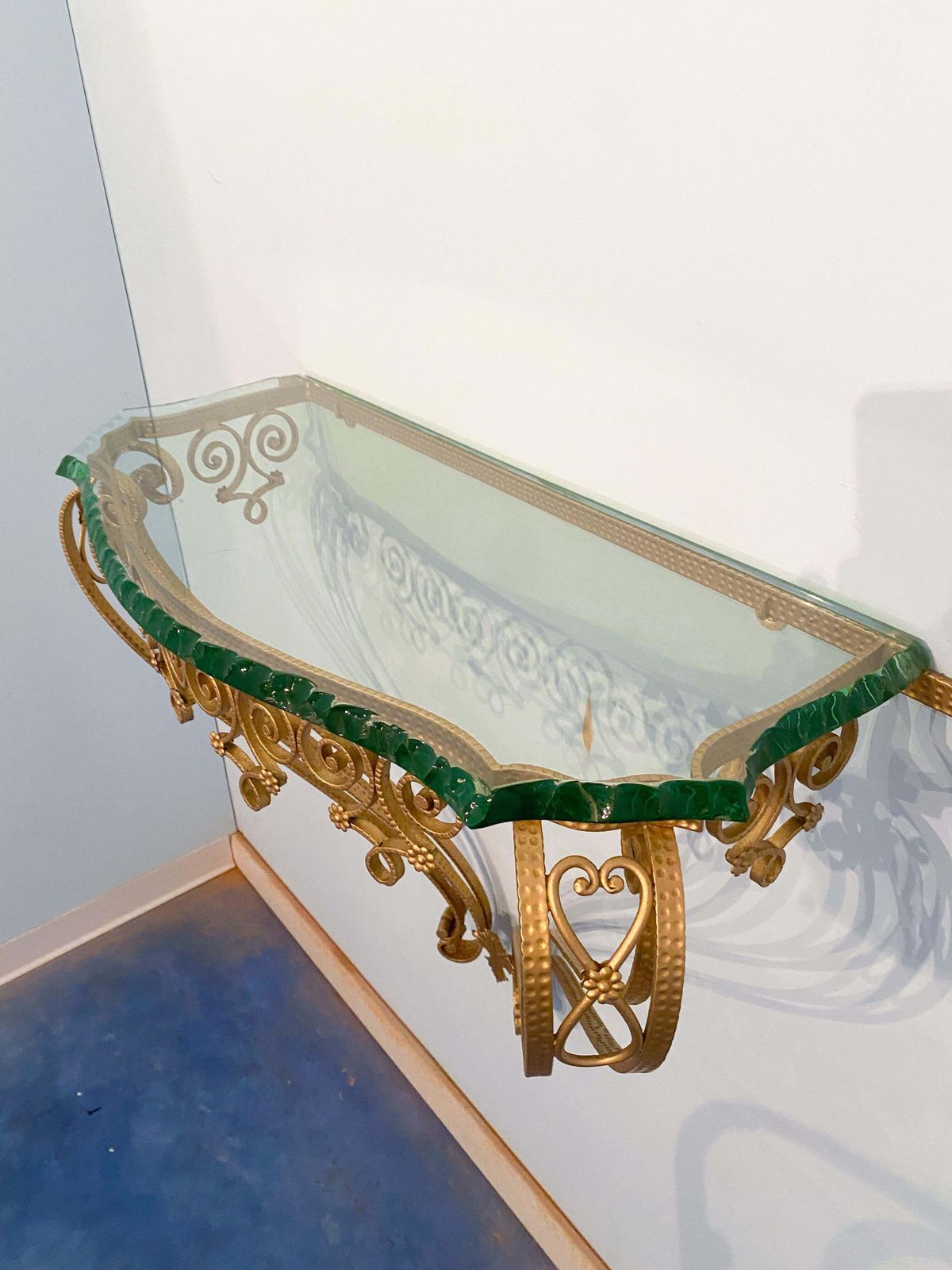 Italian Midcentury Green Crystal Gold Iron Console Table By Pier Luigi Colli photo 3185.0