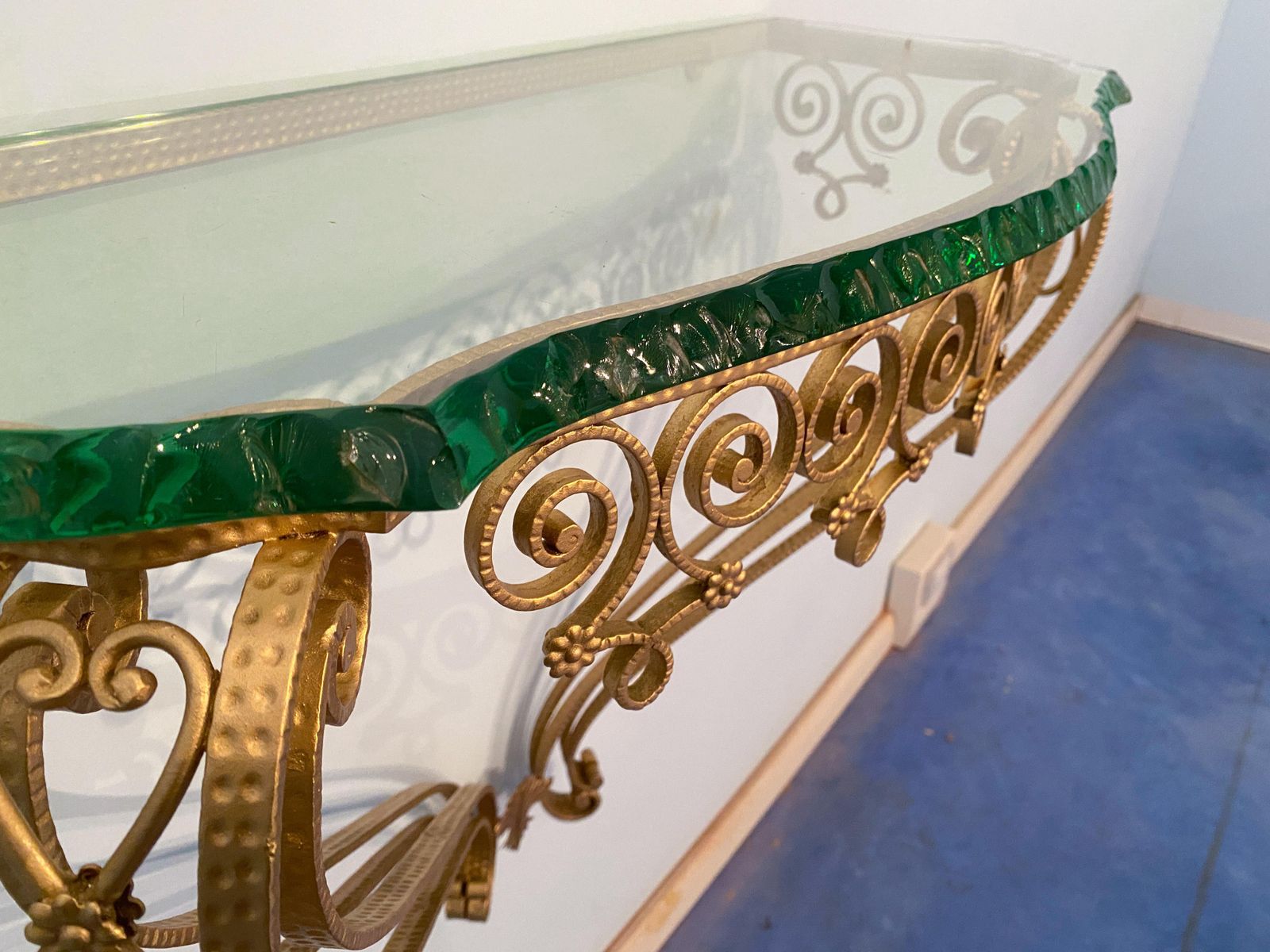 Italian Midcentury Green Crystal Gold Iron Console Table By Pier Luigi Colli photo vinterior