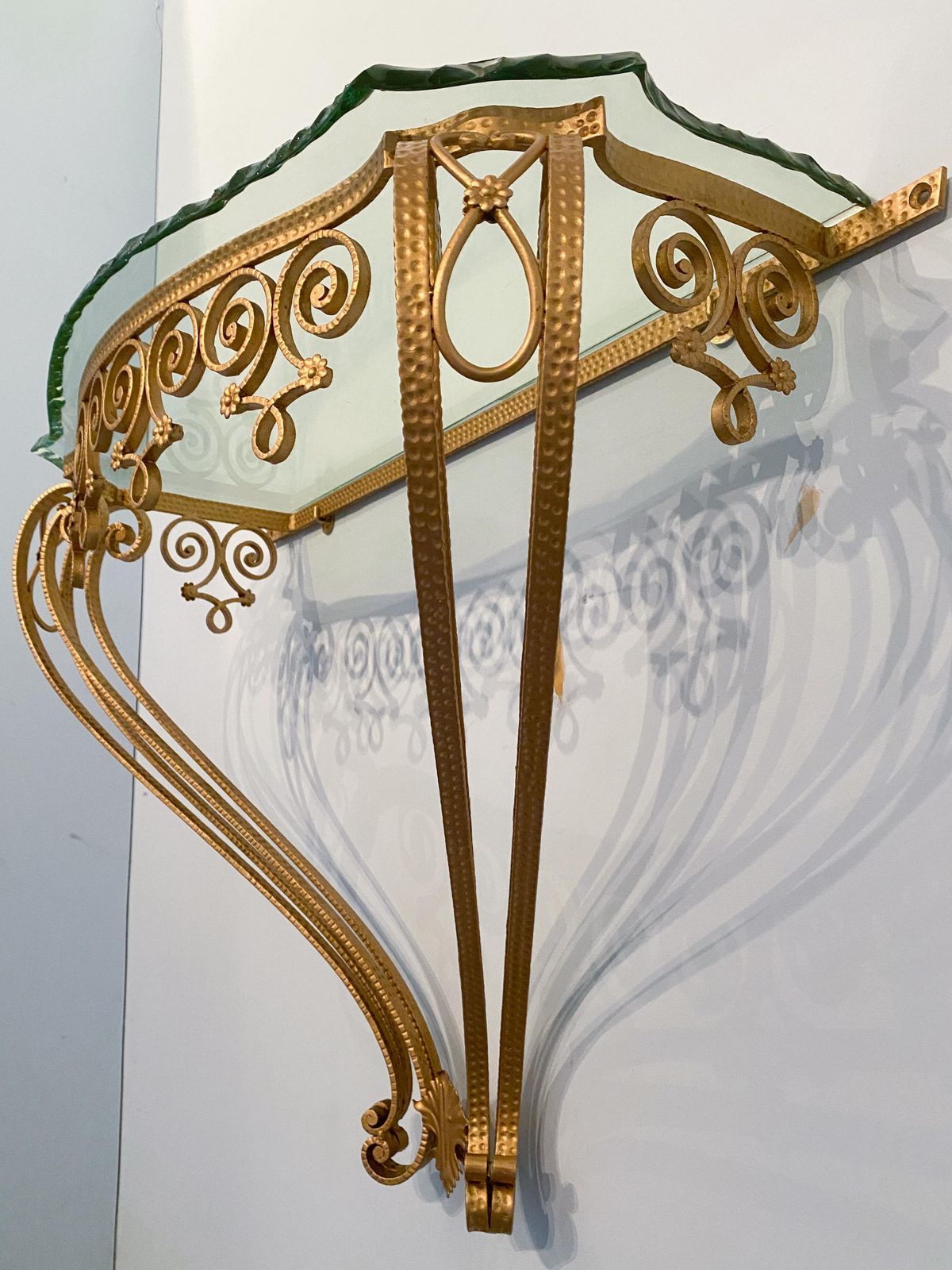 photo for sale Italian Midcentury Green Crystal Gold Iron Console Table By Pier Luigi Colli