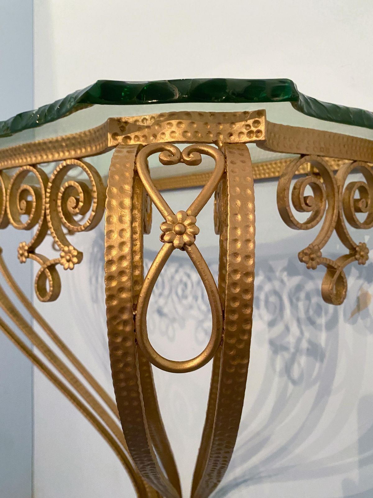 photo vinterior Italian Midcentury Green Crystal Gold Iron Console Table By Pier Luigi Colli