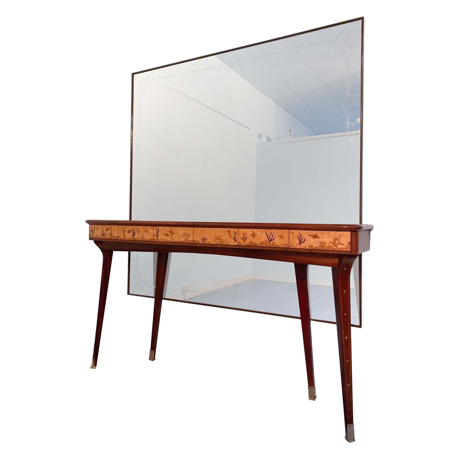 Italian Midcentury Inlaid Console With Mirror By Andrea Gusmai, 1950s