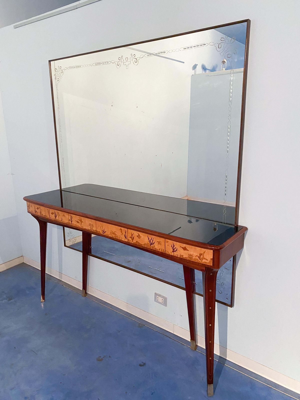 Italian Midcentury Inlaid Console With Mirror By Andrea Gusmai, 1950s photo furniture