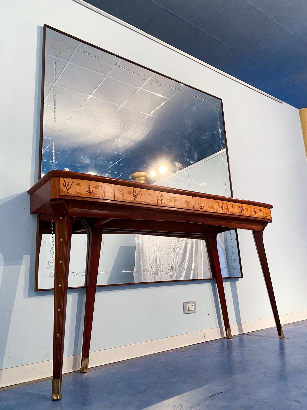 Italian Midcentury Inlaid Console With Mirror By Andrea Gusmai, 1950s photo 11945.0