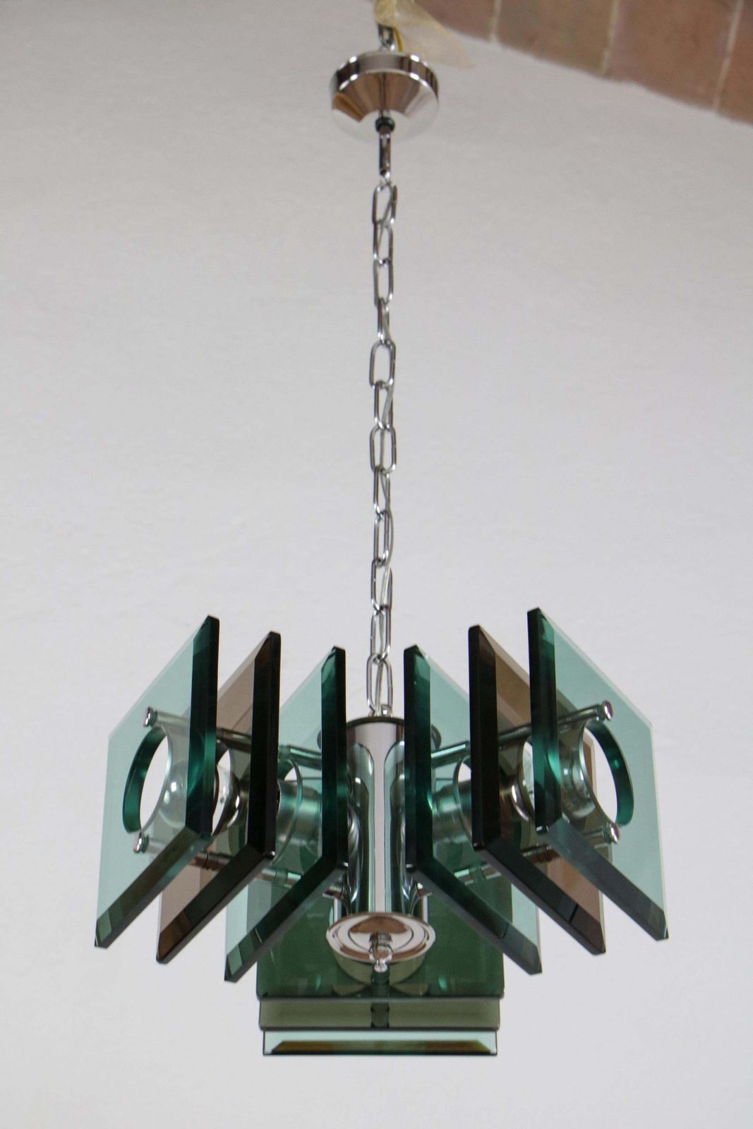 Italian Space Age Square Green Color Chandelier By Lupi Cristal Luxor, 1950s photo Lighting