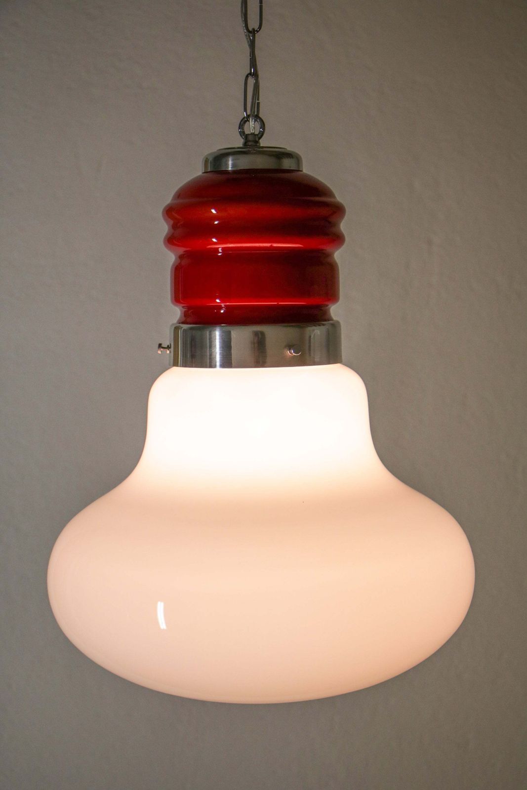 Italian Space Age Pendant Ceiling Lamp Red Color Murano Glass By Mazzega, 1970s