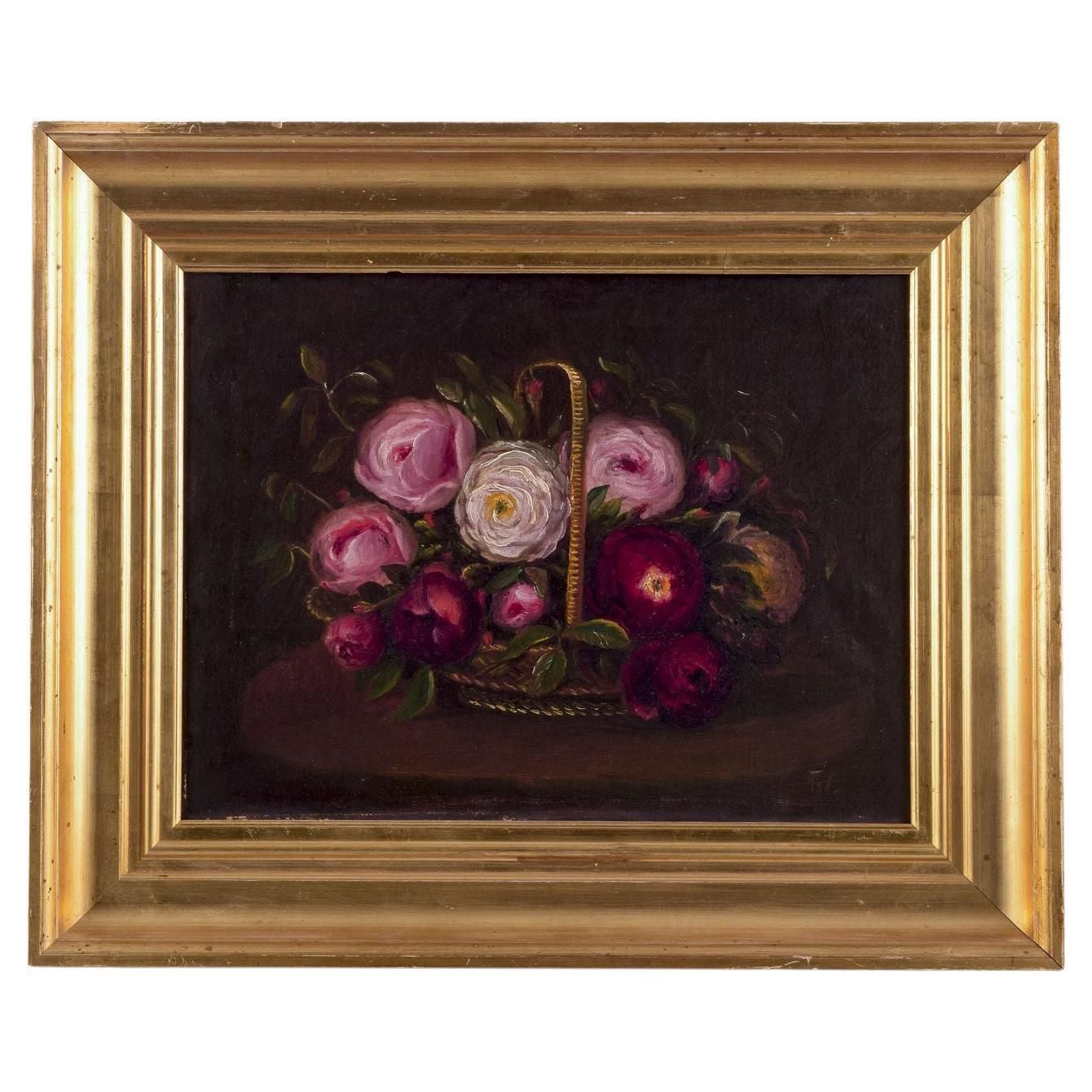 Danish Painter. Oil On Canvas. Still Life With Roses In A Basket.. Late 19th C.