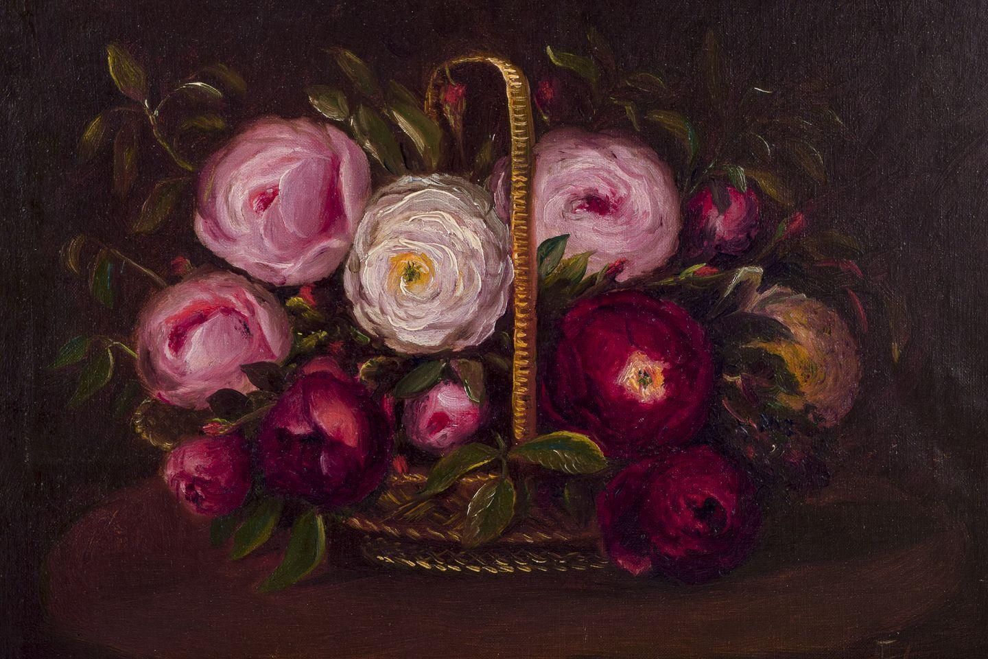 Danish Painter. Oil On Canvas. Still Life With Roses In A Basket.. Late 19th C. photo Art
