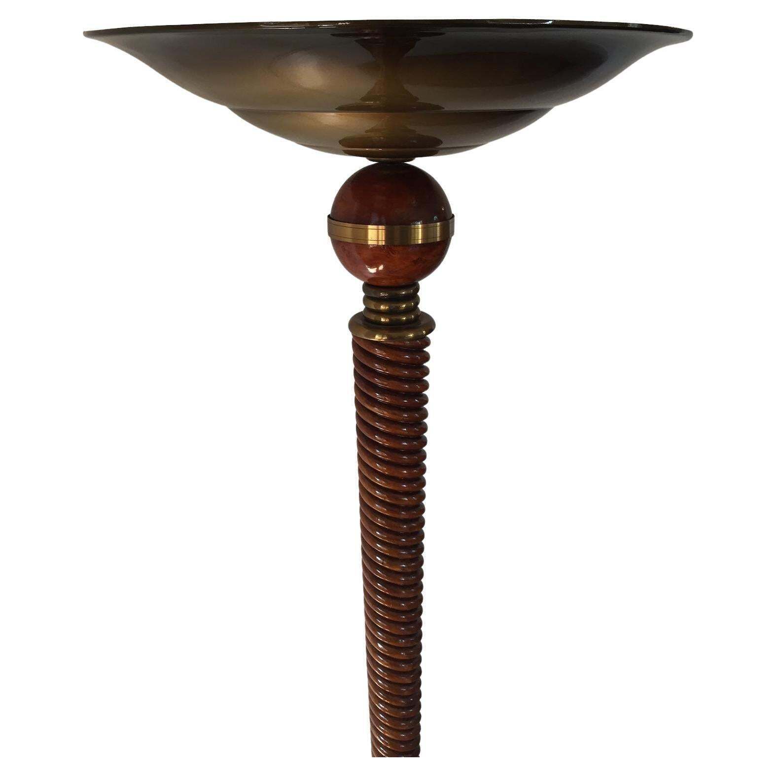 French Art Deco Carved Wood With Brass Decorations Floor Lamp, 1930s