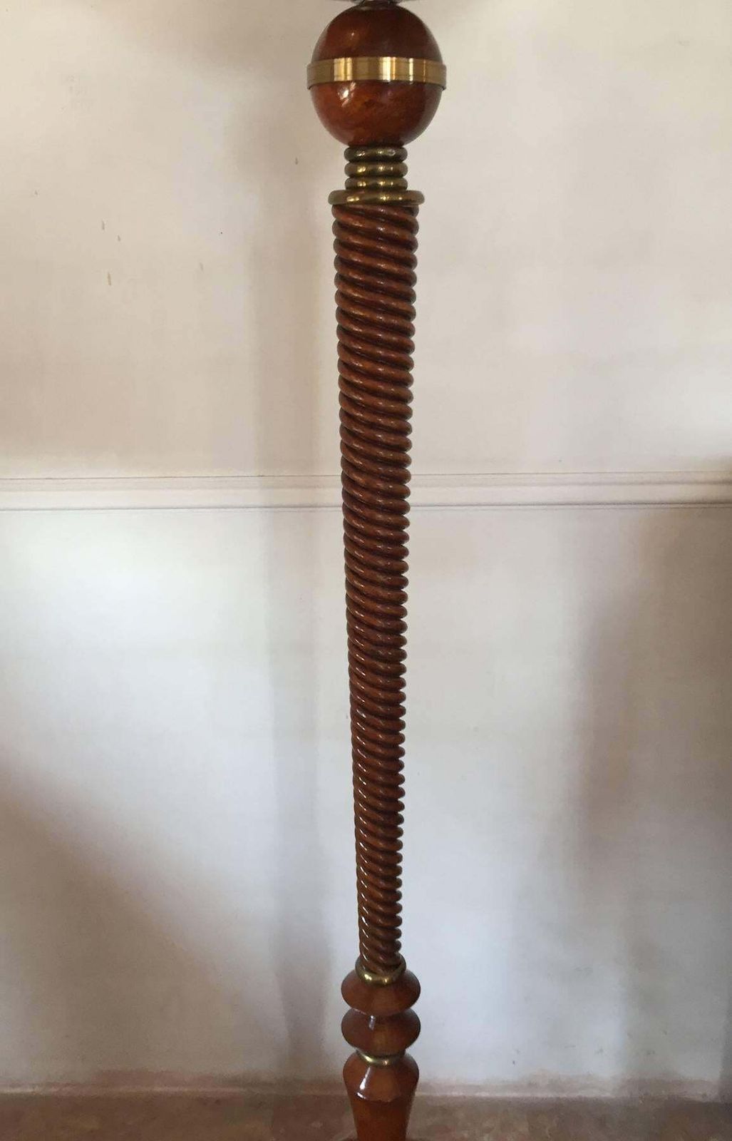 French Art Deco Carved Wood With Brass Decorations Floor Lamp, 1930s photo vinterior