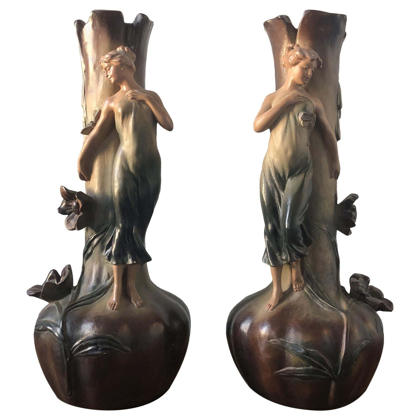 French Art Nouveau Pair Of Large Terracotta Vases, Circa 1910