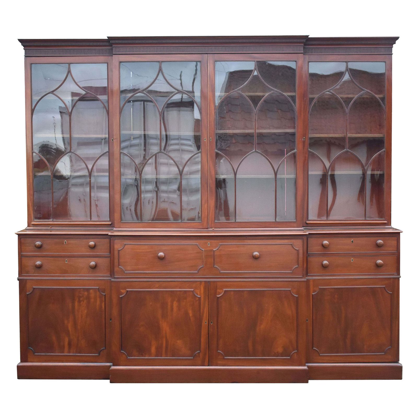 English George III Mahogany Secretaire Breakfront Bookcase