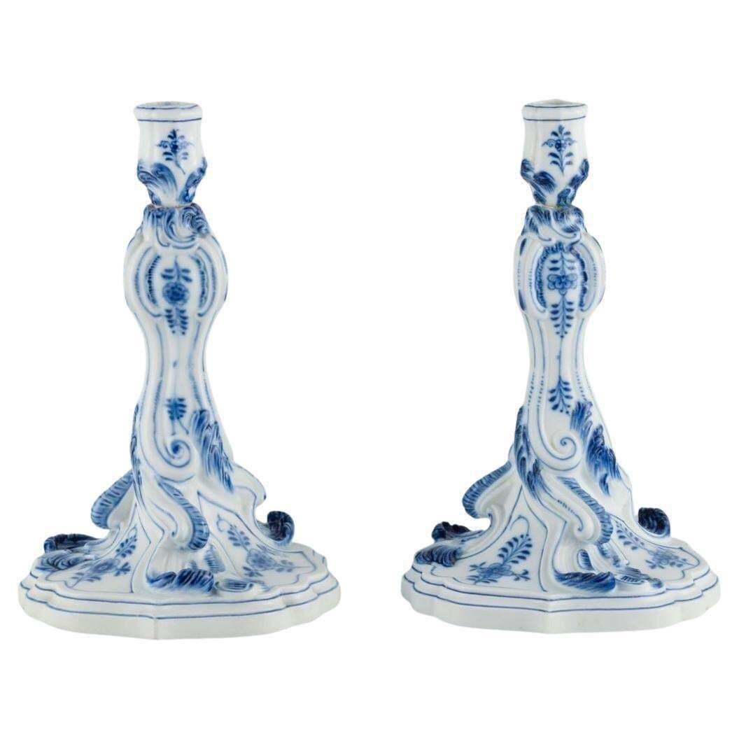 Meissen, Germany. Pair Of Large Antique Blue Onion Pattern Candlesticks. 19th C.