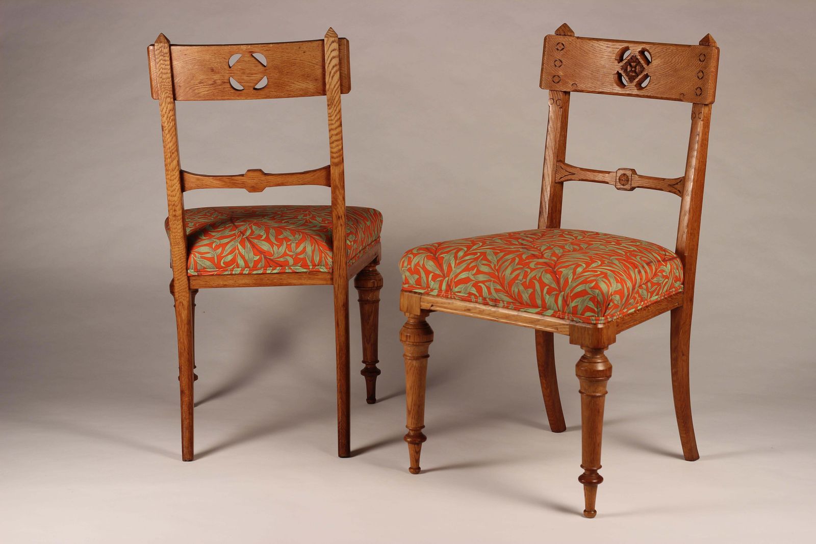 Pair Of Arts & Crafts Oak Back Pierced Hall Chairs With Fabric By Morris & Co photo 1825.0